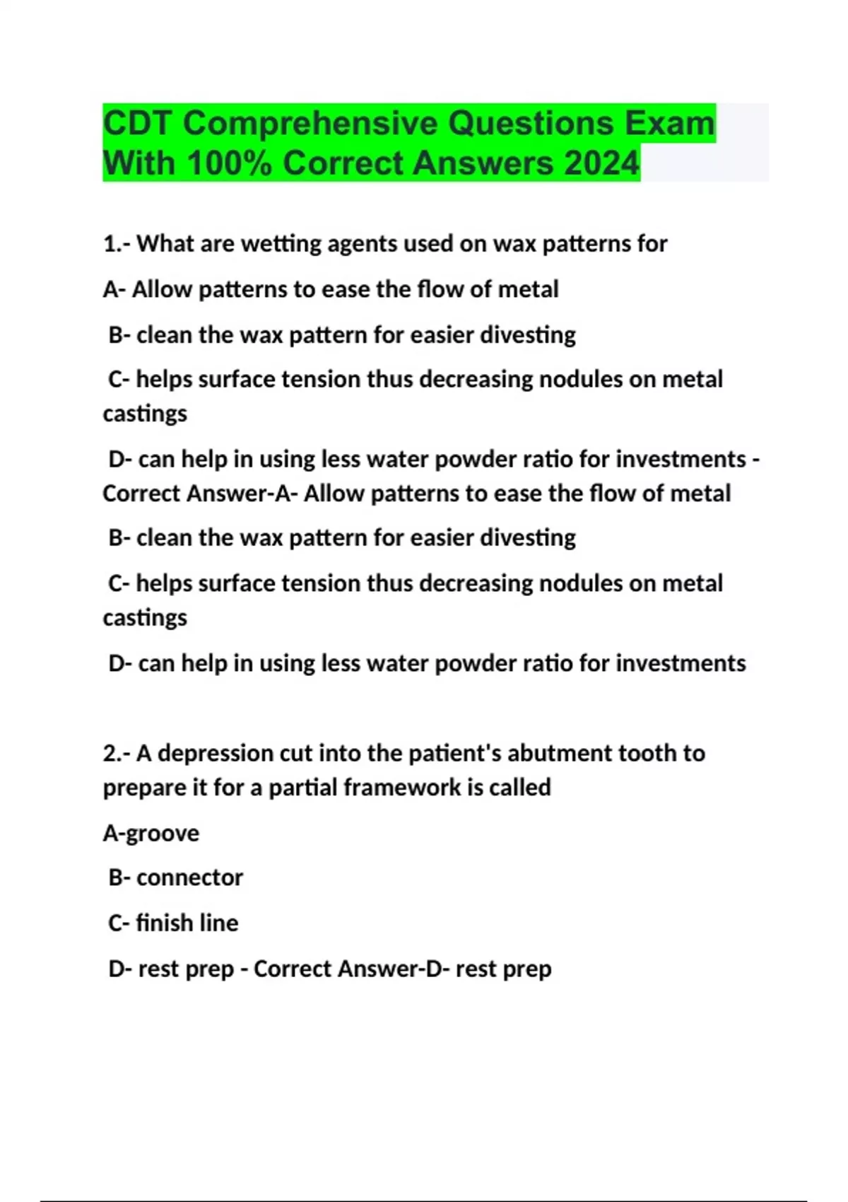 CDT Comprehensive Questions Exam With 100 Correct Answers 2024 CDT