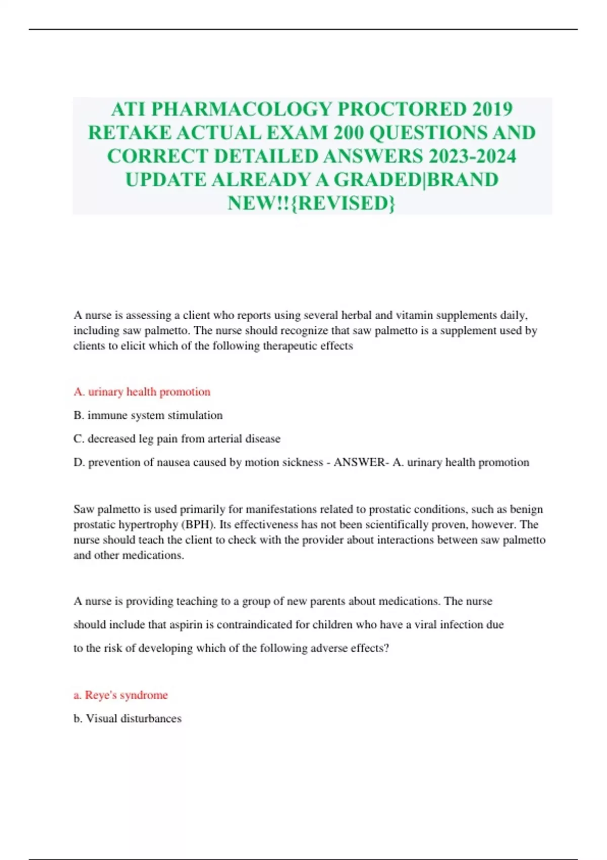 ATI PHARMACOLOGY PROCTORED 2019 RETAKE ACTUAL EXAM 200 QUESTIONS AND ...