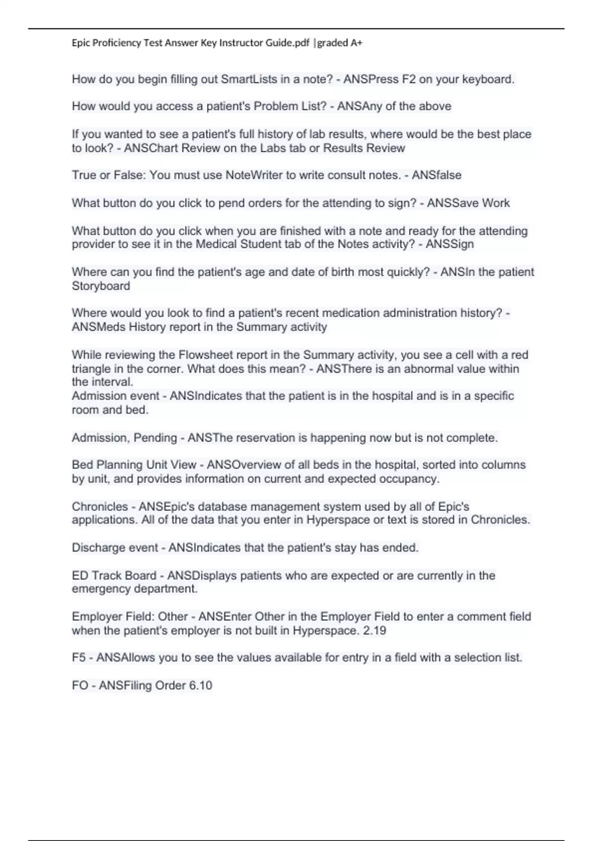 Epic Proficiency Test Answer Key Instructor Guide.pdf graded A+ Epic