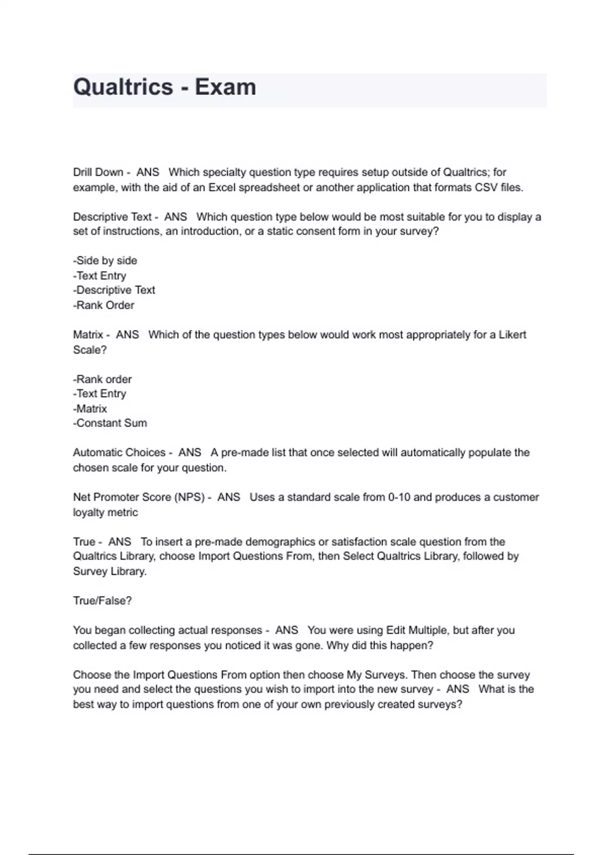 Qualtrics Matrix Questions Qualtrics - Exam Questions With Answers - Qualtrics Platform Essentials ...