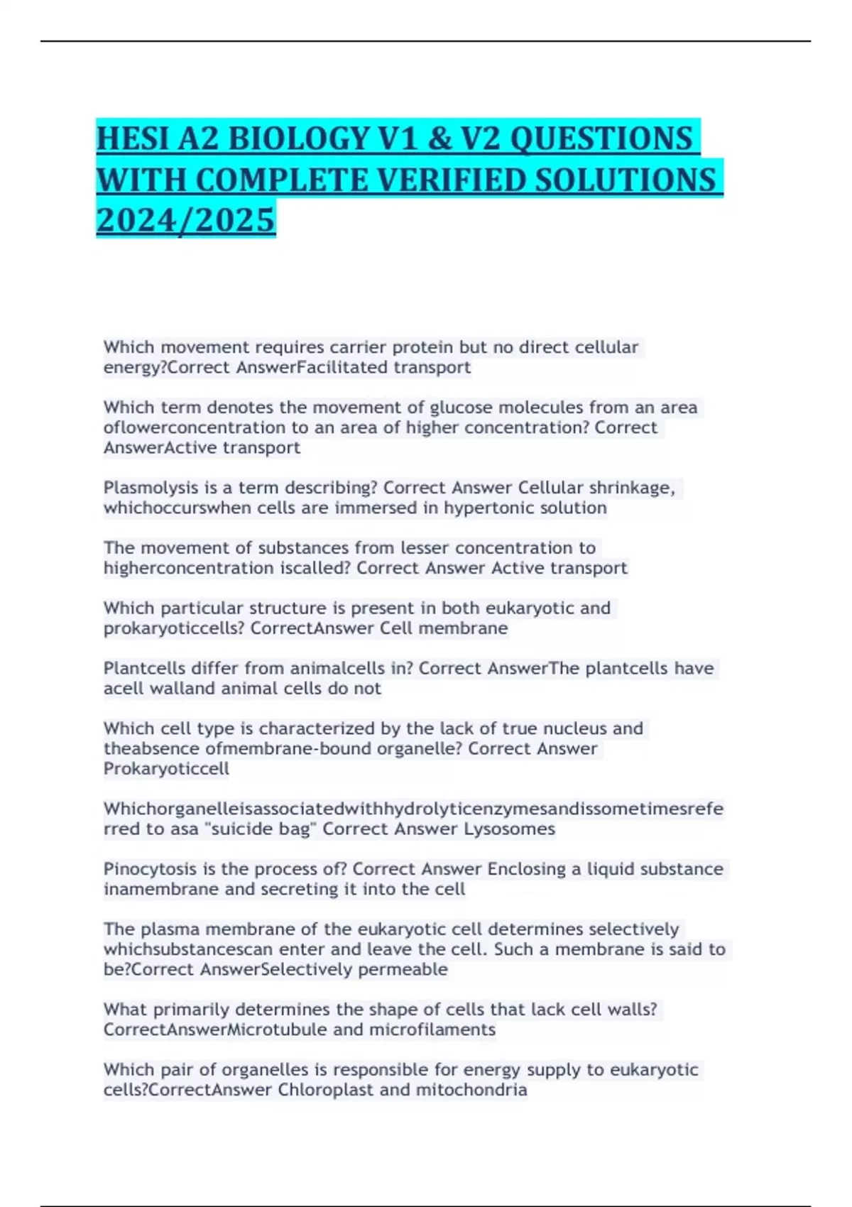 HESI A2 BIOLOGY V1 &amp; V2 QUESTIONS WITH COMPLETE VERIFIED SOLUTIONS 2024 ...
