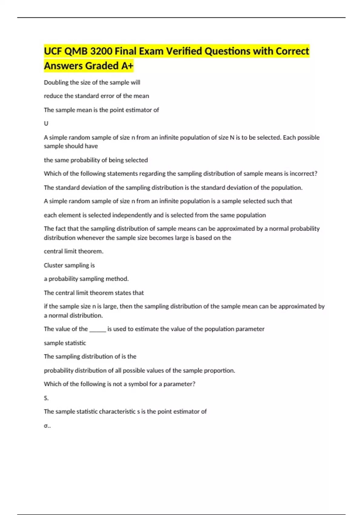 UCF QMB 3200 Final Exam Verified Questions with Correct Answers Graded