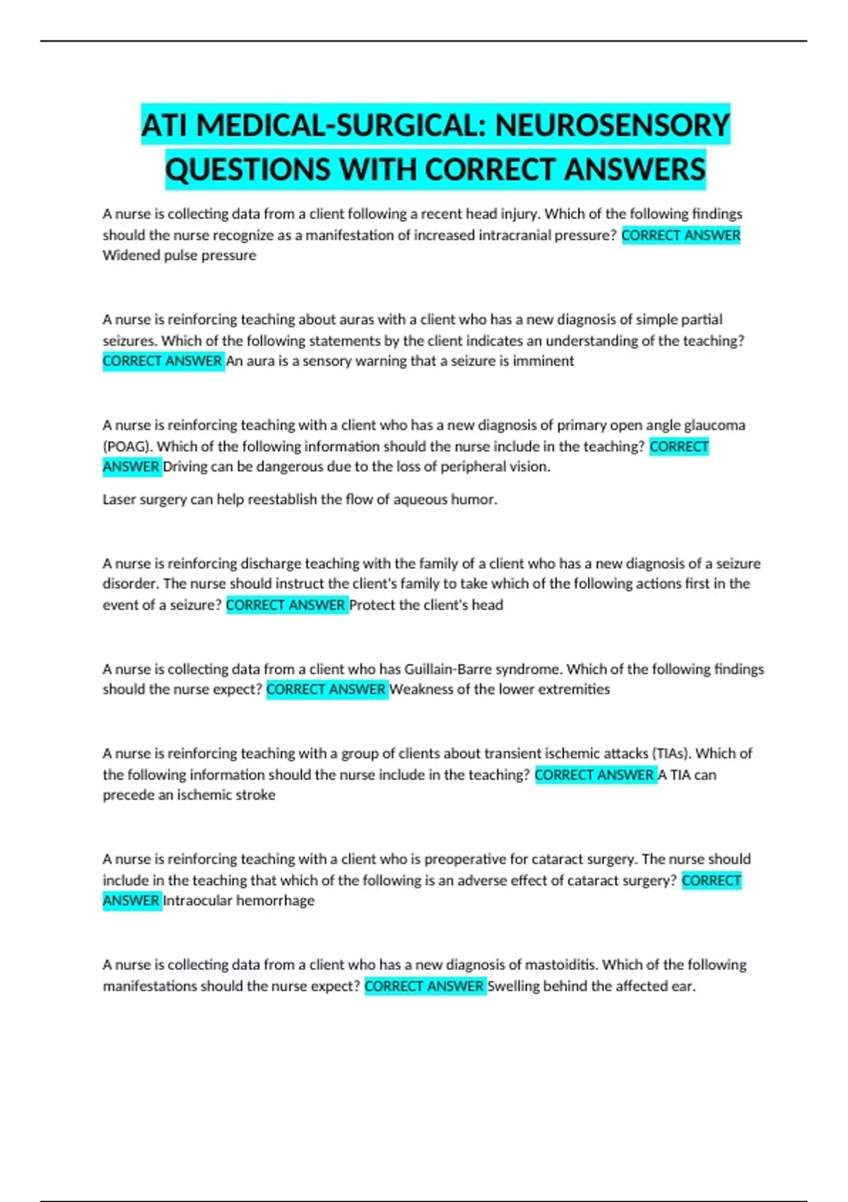 ATI MEDICALSURGICAL NEUROSENSORY QUESTIONS WITH CORRECT ANSWERS100