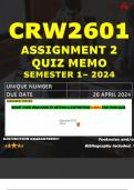 CRW2601 ASSIGNMENT 2 QUIZ MEMO - SEMESTER 1 - 2024 - UNISA - DUE : 26 APRIL 2024 (INCLUDES EXTRA MCQ BOOKLET WITH ANSWERS - DISTINCTION GUARANTEED)