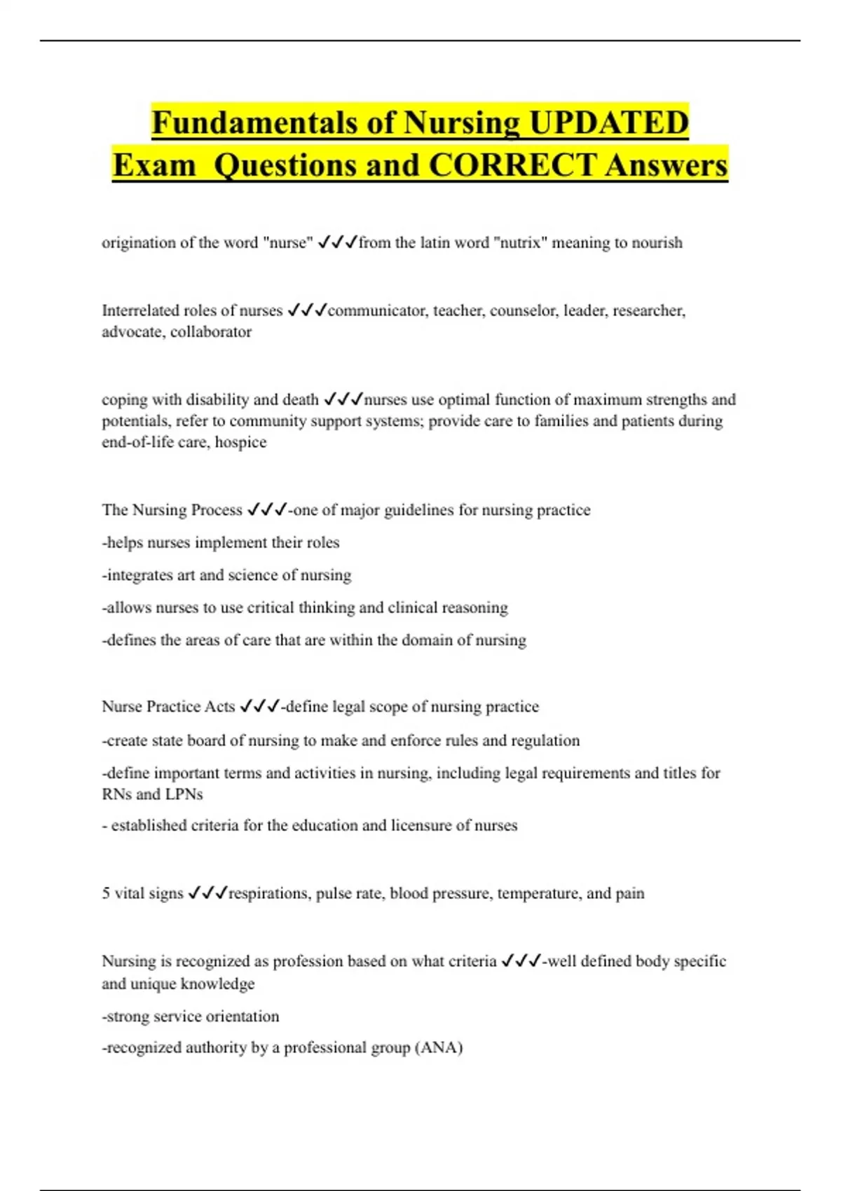 Fundamentals of Nursing UPDATED Exam Questions and CORRECT Answers ...