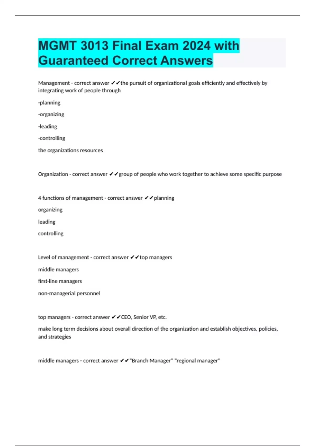 MGMT 3013 Final Exam 2024 with Guaranteed Correct Answers - MGMT 3013 ...