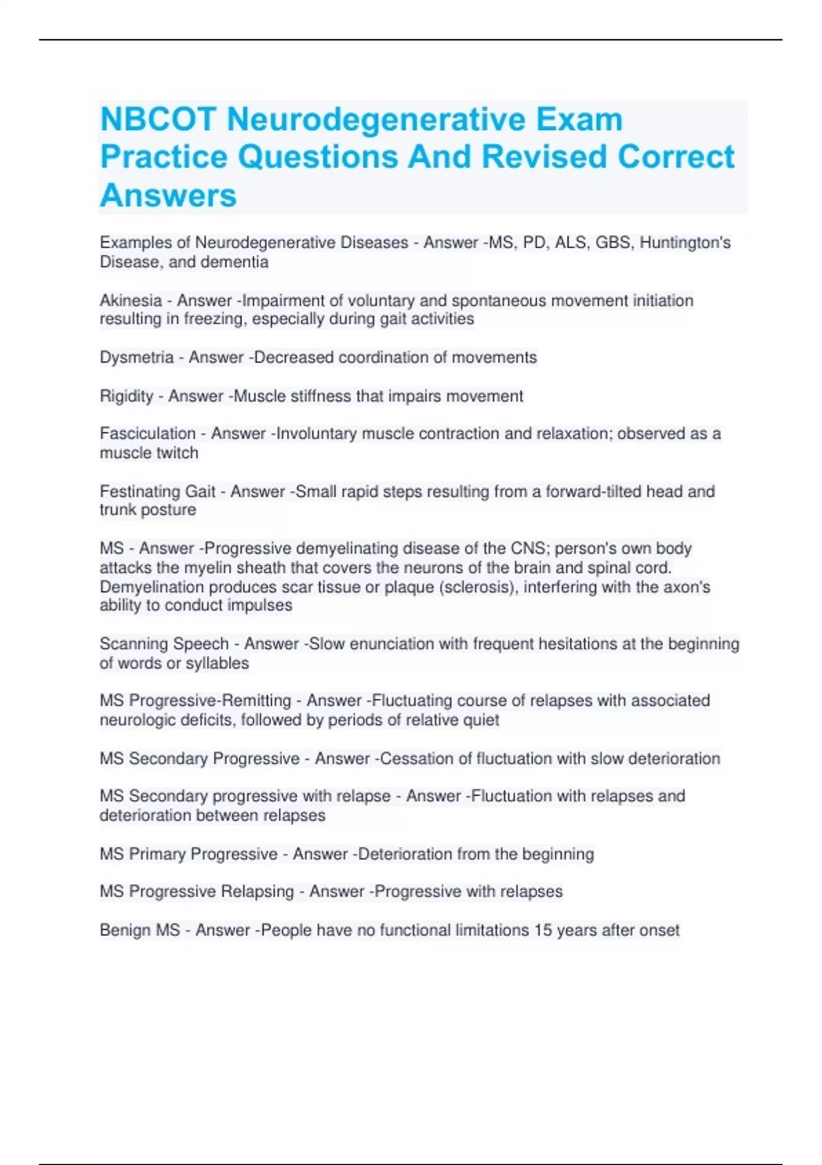 Nbcot Question Examples NBCOT Neurodegenerative Exam Practice Questions And Revised Correct ...