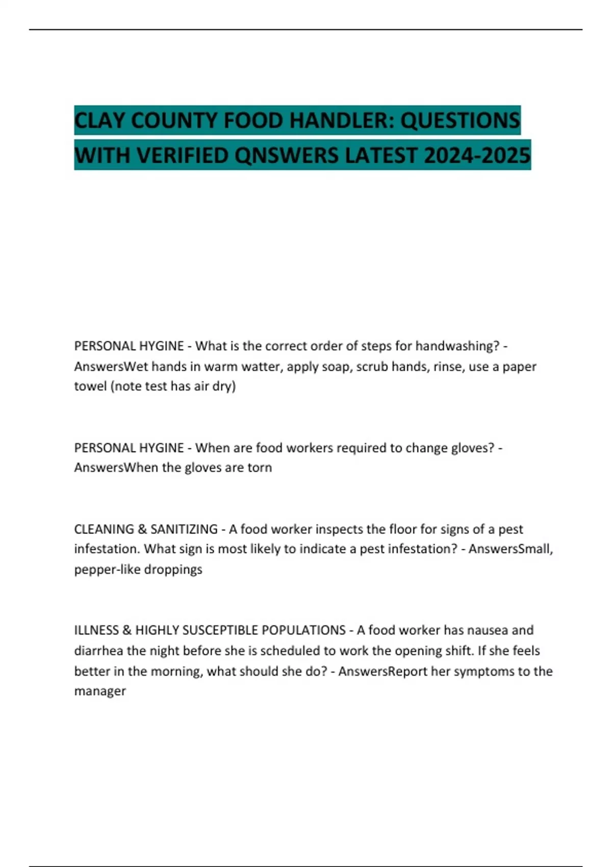 CLAY COUNTY FOOD HANDLER QUESTIONS WITH VERIFIED QNSWERS LATEST CLAY