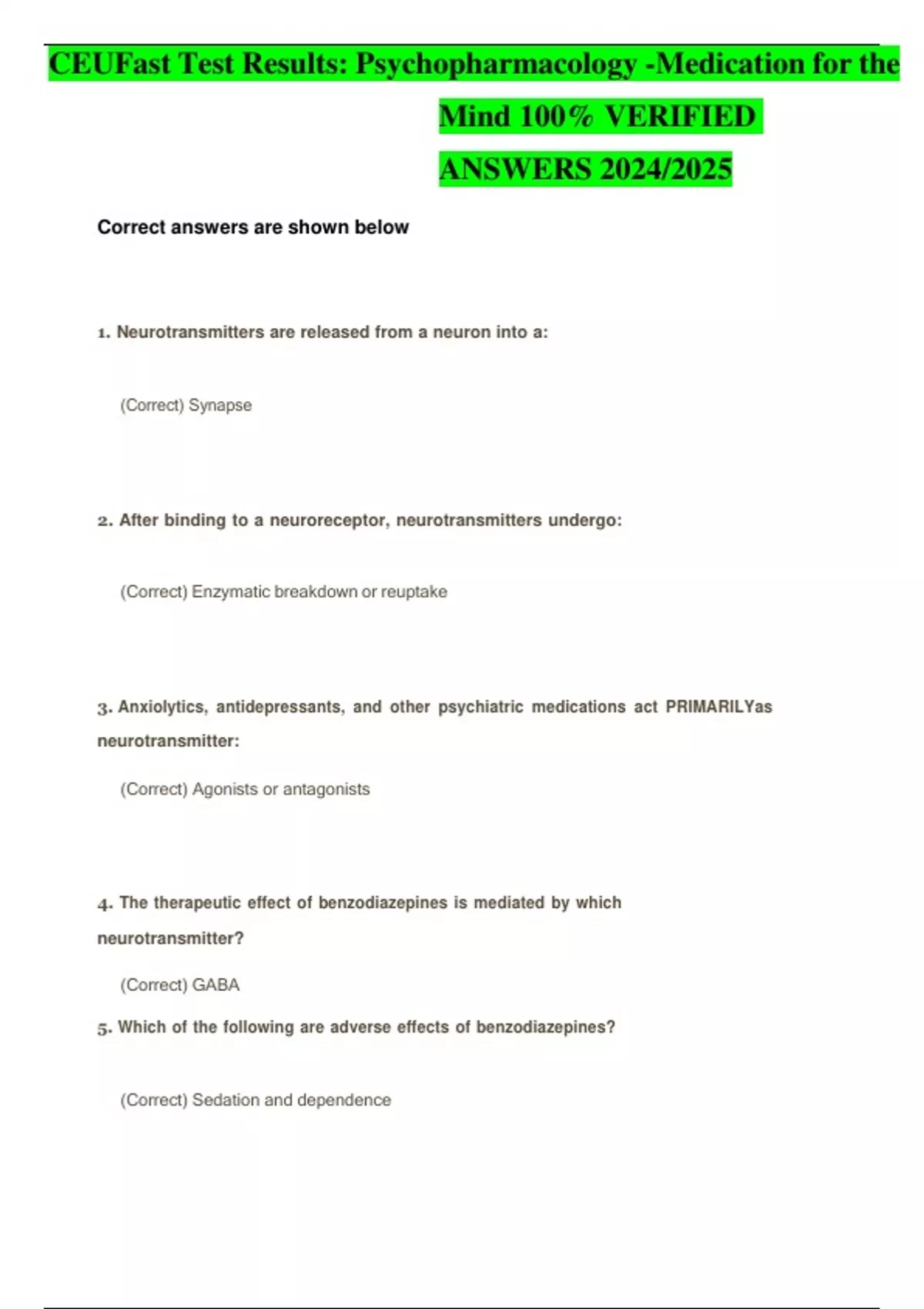 CEUFast Test Results: Psychopharmacology -Medication for the Mind 100% ...