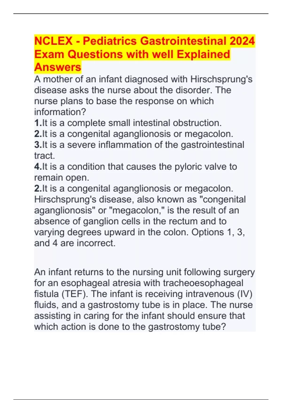 NCLEX Pediatrics Gastrointestinal 2024 Exam Questions with well Explained Answers NCLEX