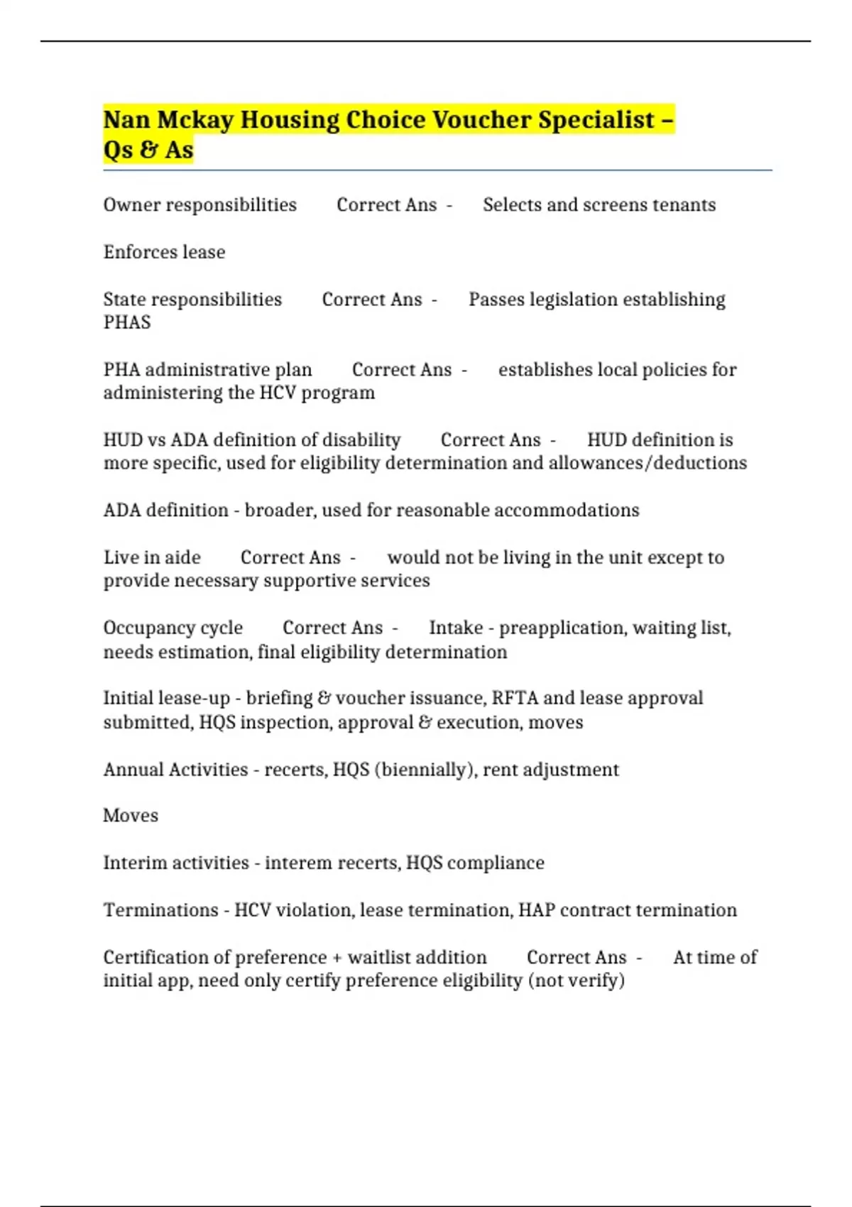 Nan Mckay Housing Choice Voucher Specialist Qs & As NAN MCKAY HCV