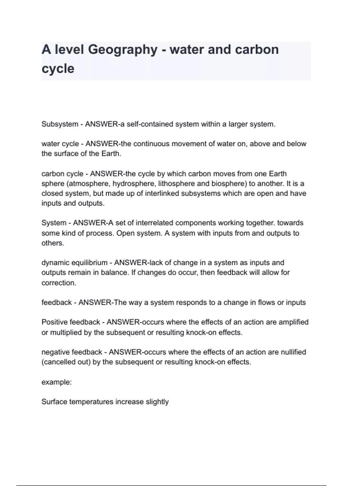 A level Geography - water and carbon cycle with complete solution - The ...