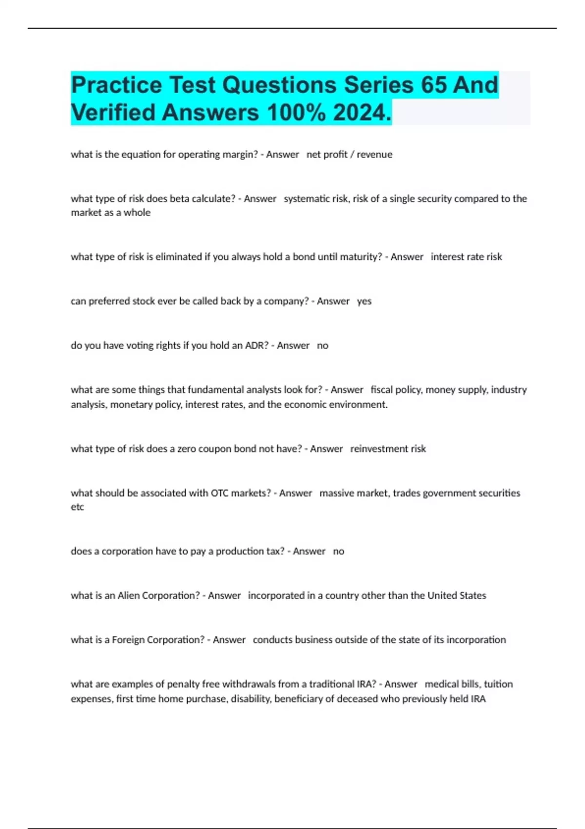 Test Cross Test Questions Practice Test Questions Series 65 And Verified Answers 100% 2024 ...