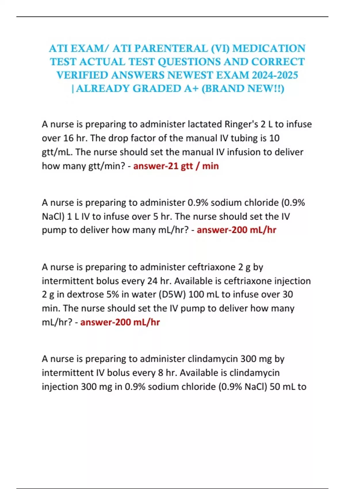ATI EXAM/ ATI PARENTERAL (VI) MEDICATION TEST ACTUAL TEST QUESTIONS AND ...