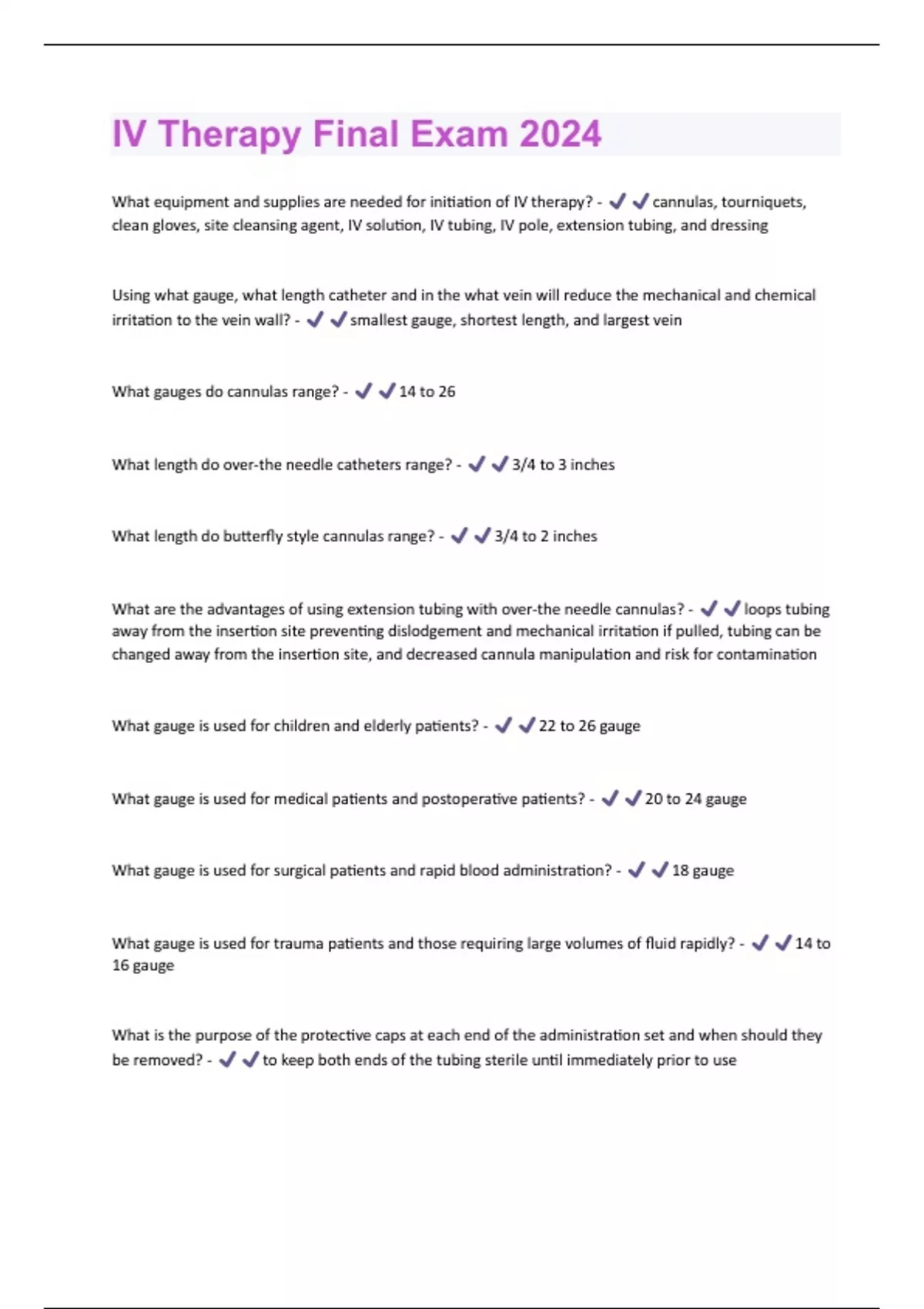 Sample Iv Questions IV Therapy Final Exam 2024 Questions And Answers - IV Therapy 2024 ...