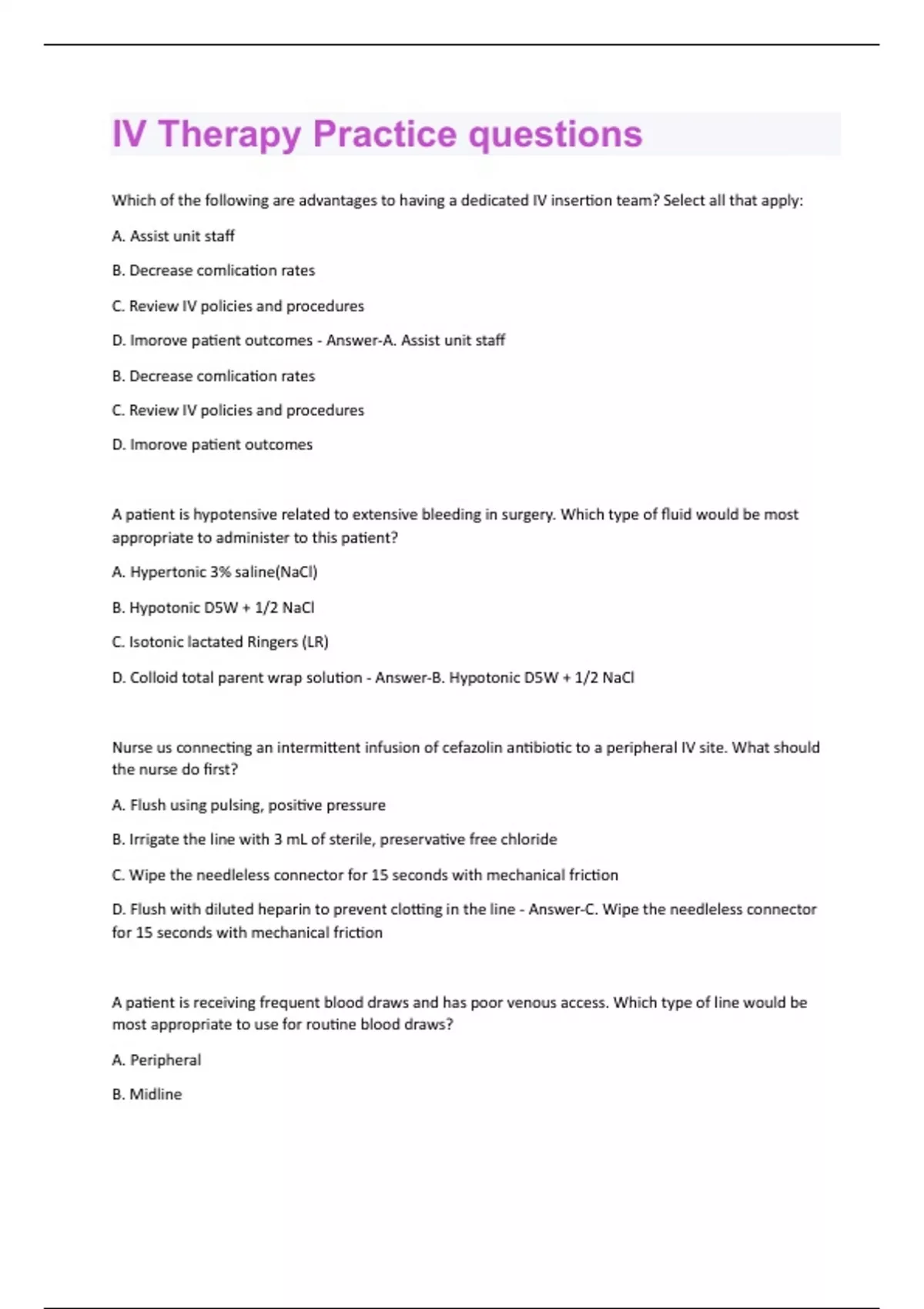Sample Iv Questions IV Therapy Practice Questions & Answers Solved 100% Correct!! - IV ...