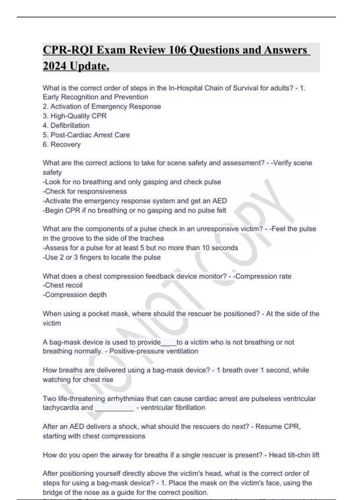 CPRRQI Exam Review 106 Questions and Answers 2024 Update. Advanced