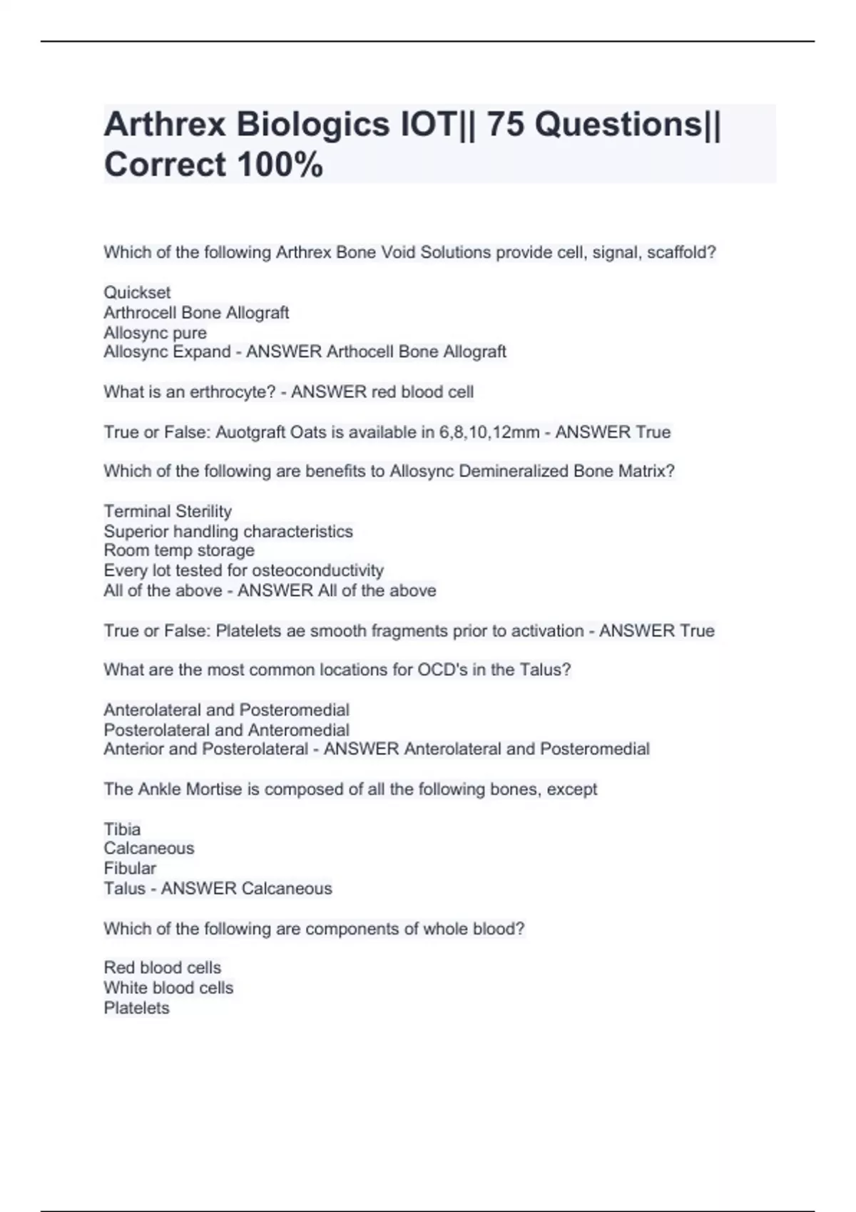 Arthrex Biologics IOT 75 Questions Correct 100 Arthrex Sports
