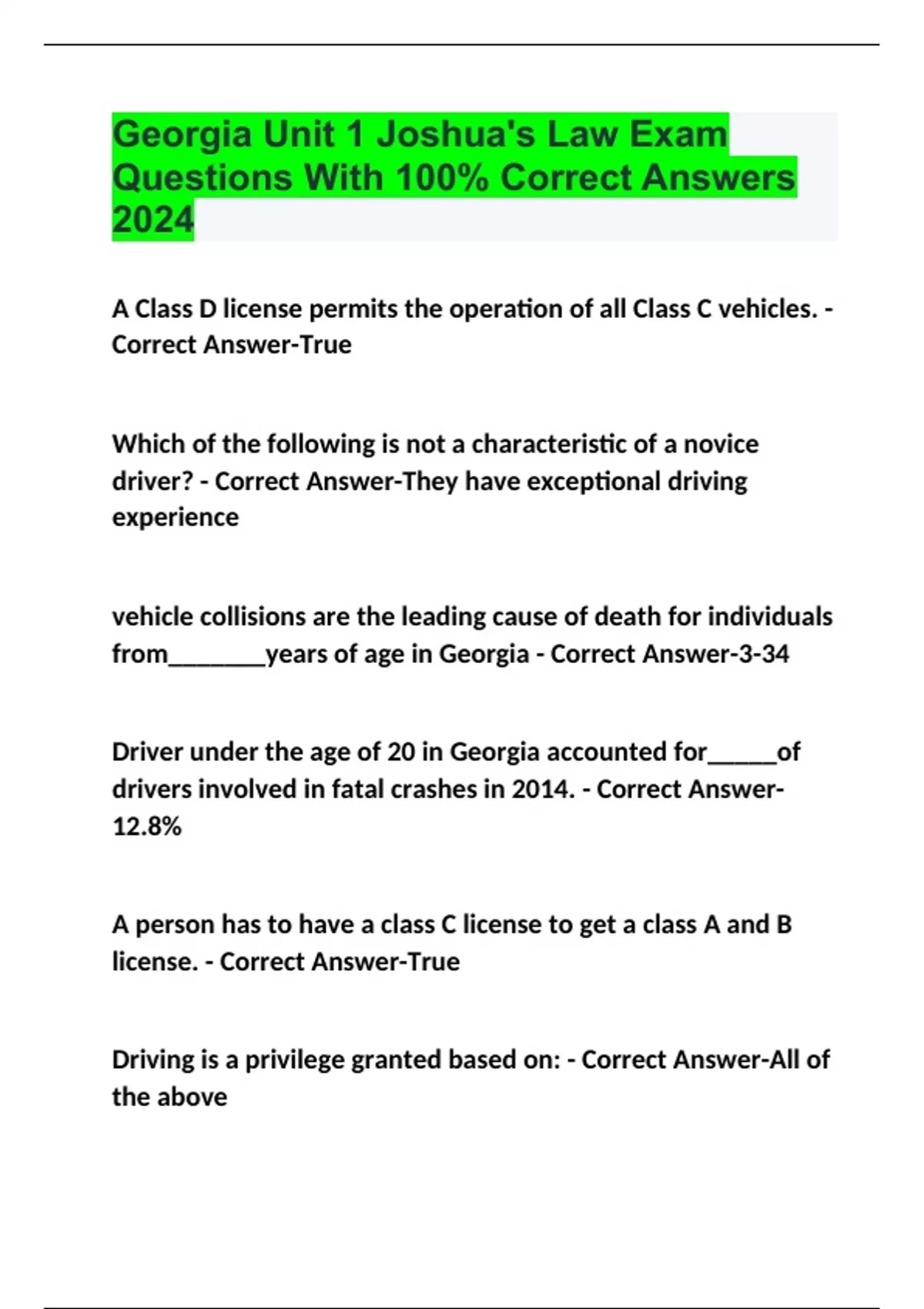 Unit 1 Joshua's Law Exam Questions With 100 Correct Answers