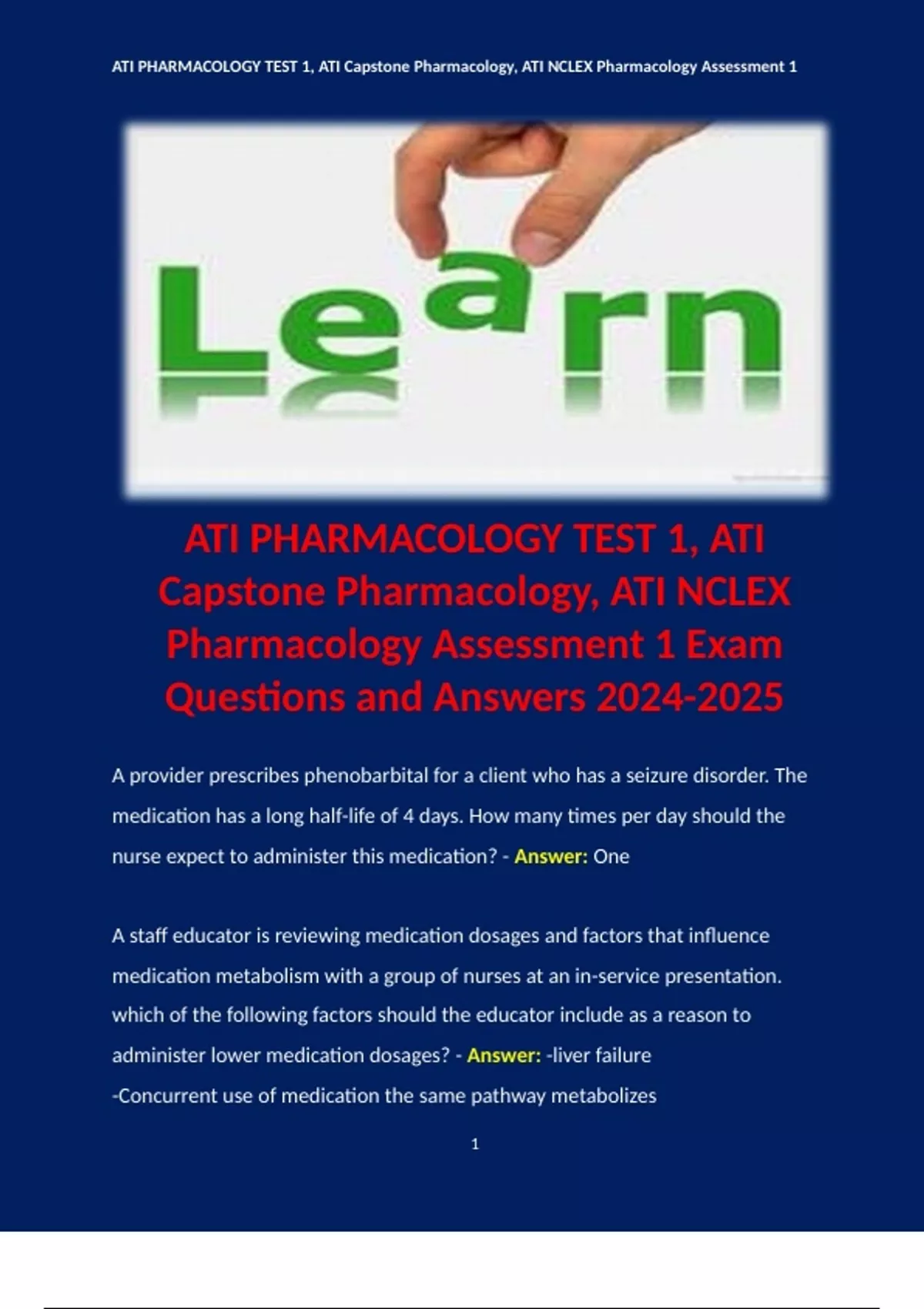 ATI PHARMACOLOGY TEST 1, ATI Capstone Pharmacology, ATI NCLEX ...