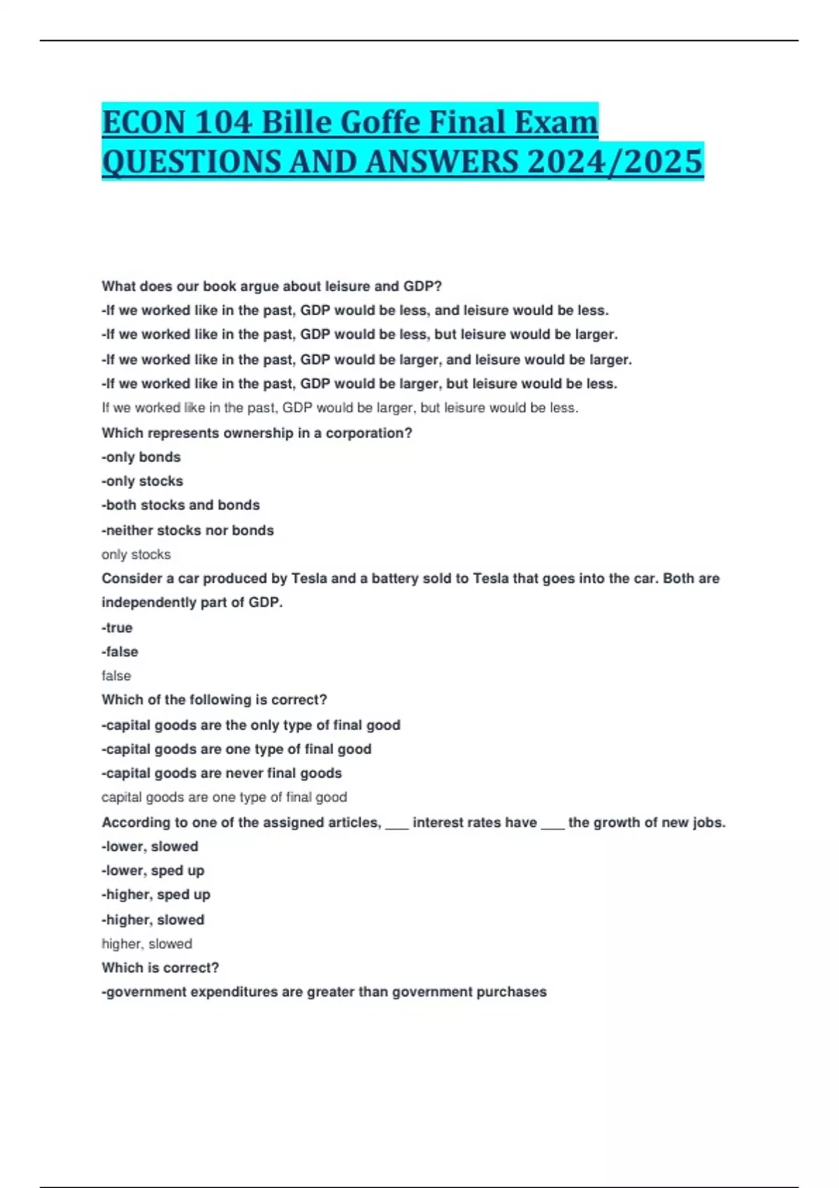 ECON 104 Bille Goffe Final Exam QUESTIONS AND ANSWERS 2024/2025 - ECON ...