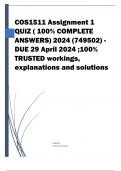 COS1511 Assignment 1 QUIZ ( 100% COMPLETE ANSWERS) 2024 (749502) - DUE 29 April 2024 Course COS1511 – Introduction to Programming I (COS1511) Institution University Of South Africa (Unisa) Book Introduction to Programming with C++