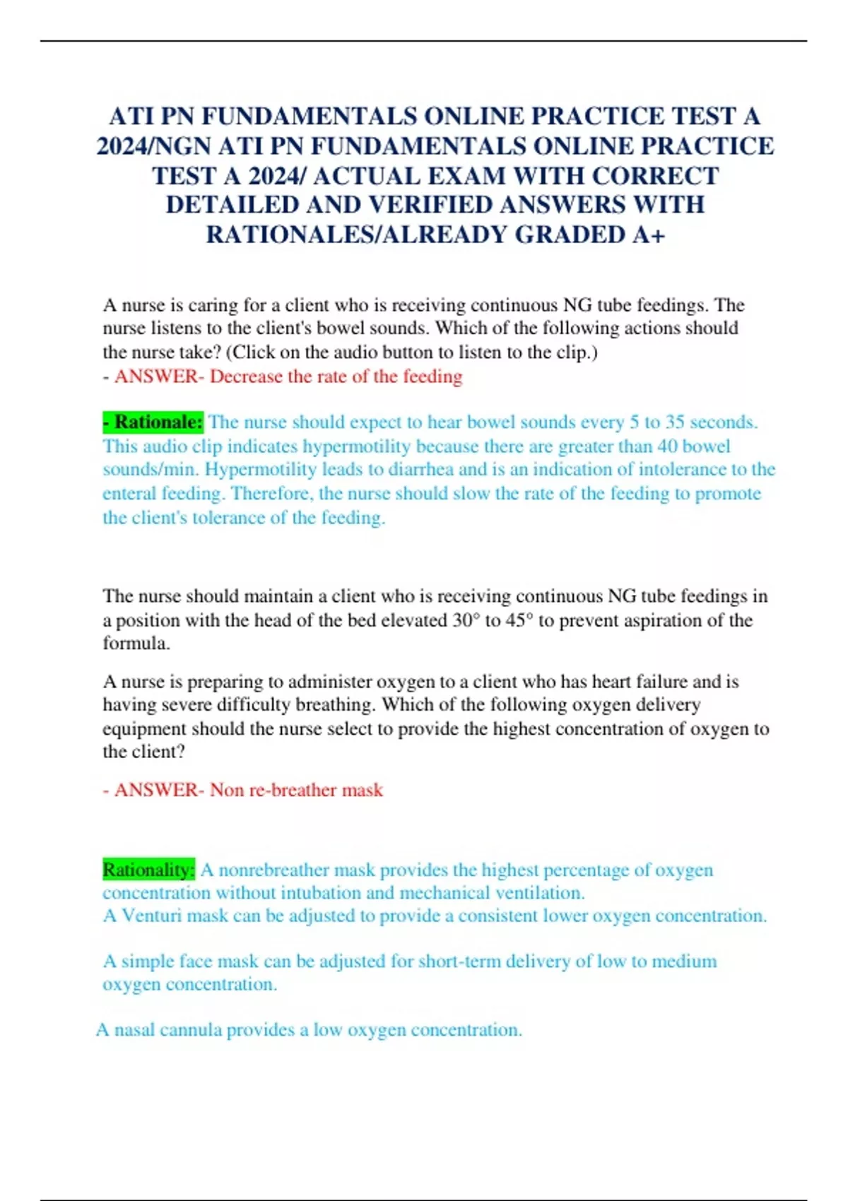 ATI PN FUNDAMENTALS ONLINE PRACTICE TEST A 2024/NGN ATI PN FUNDAMENTALS ...