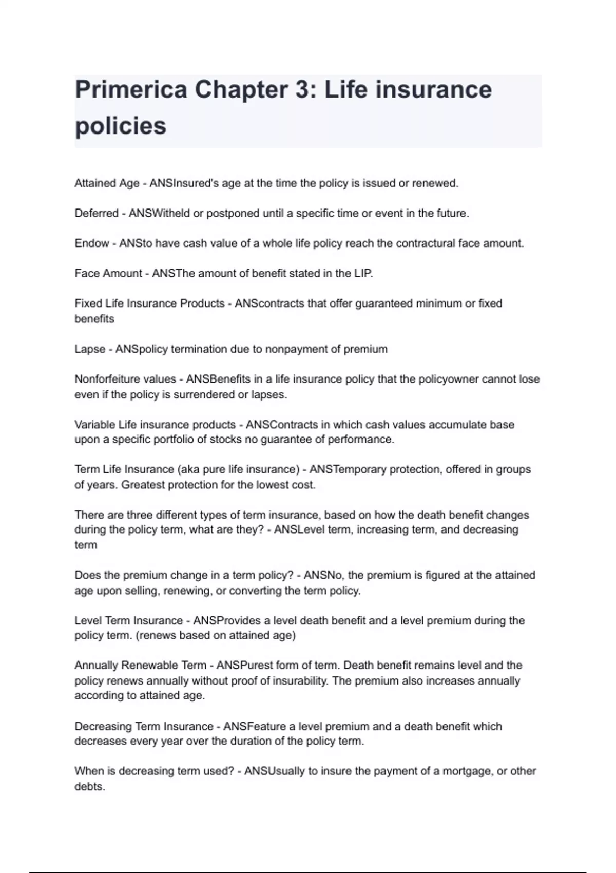 Primerica Chapter 3 Life insurance policies 2024/2025 A+ score assured