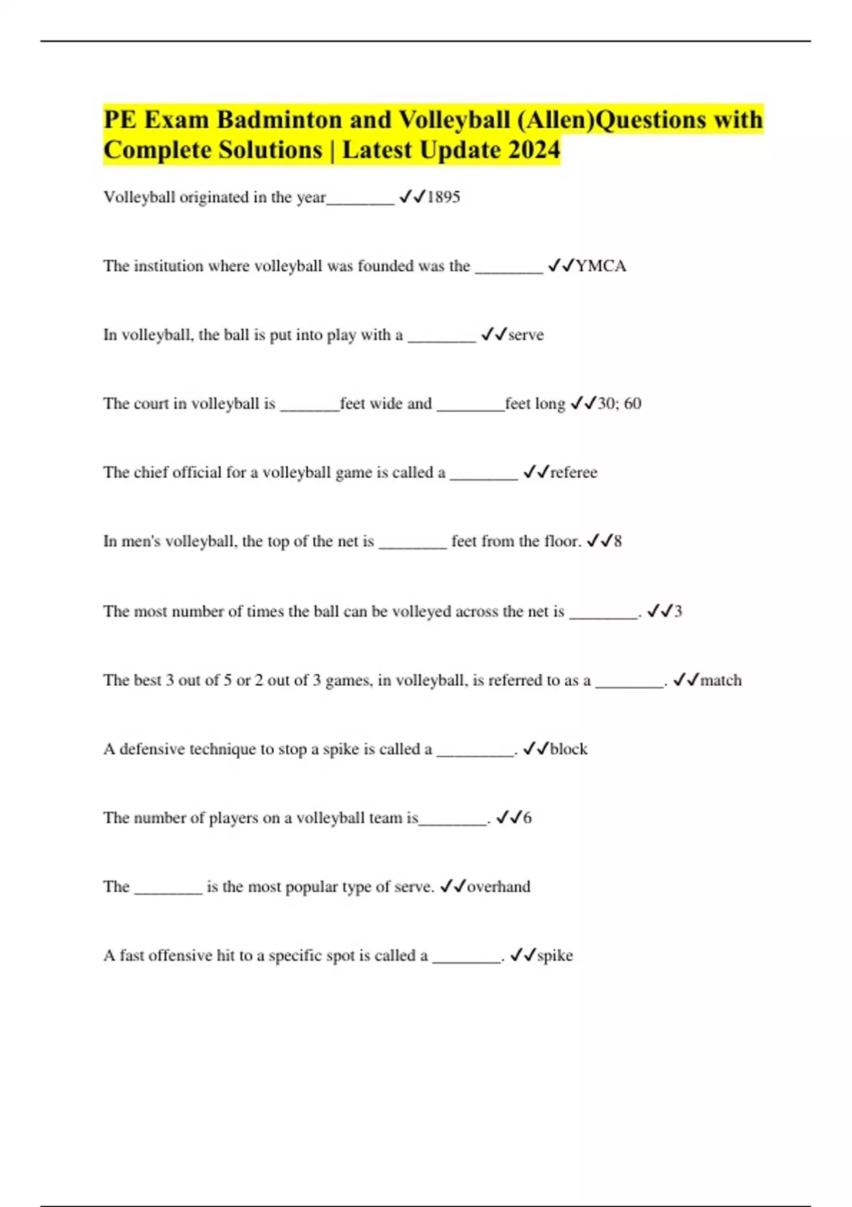 PE Exam Badminton and Volleyball (Allen)Questions with Complete Solutions Latest Update 2024
