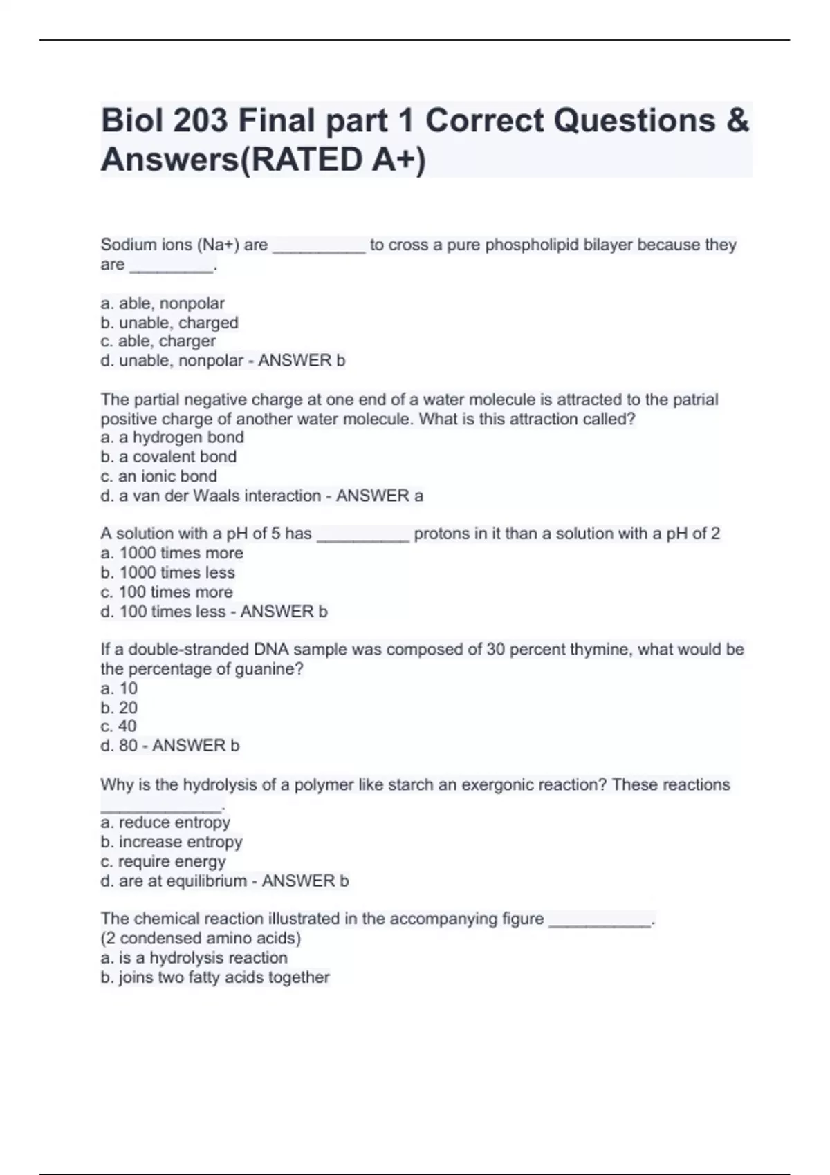 Biol 203 Final part 1 Correct Questions & Answers(RATED A+) - Biol 203 ...