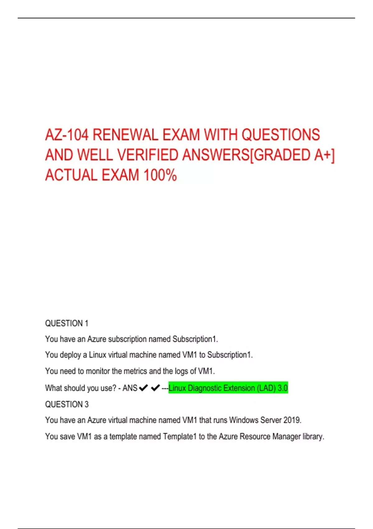 AZ-104 RENEWAL EXAM WITH QUESTIONS AND WELL VERIFIED ANSWERS[GRADED A+ ...