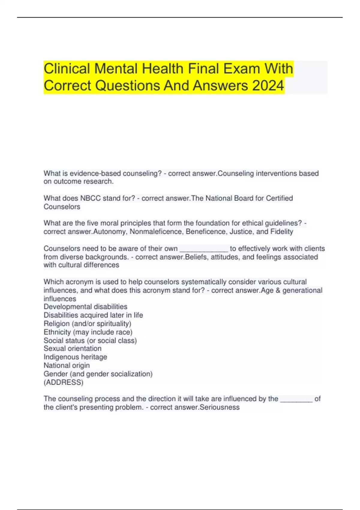 Clinical Mental Health Final Exam With Correct Questions And Answers ...