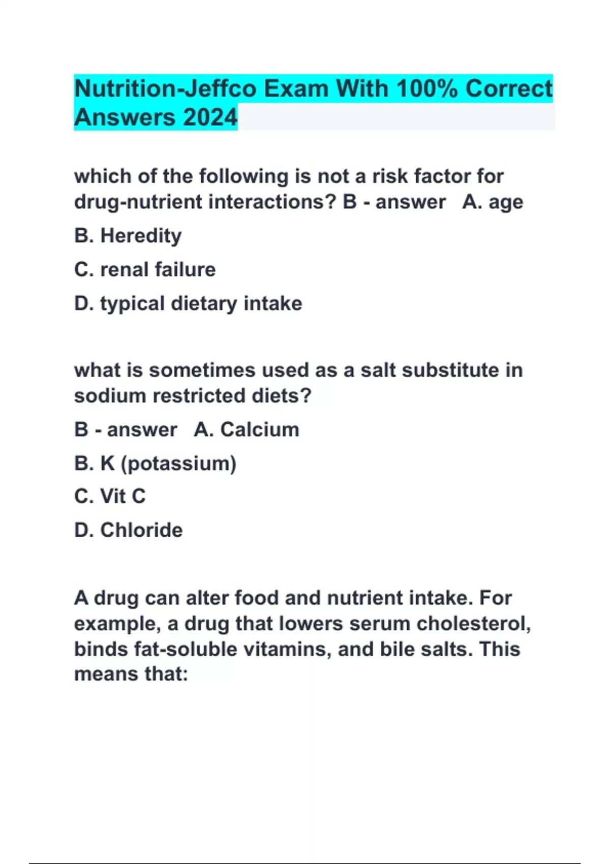 Nutrition Jeffco Exam With 100 Correct Answers 2024 General