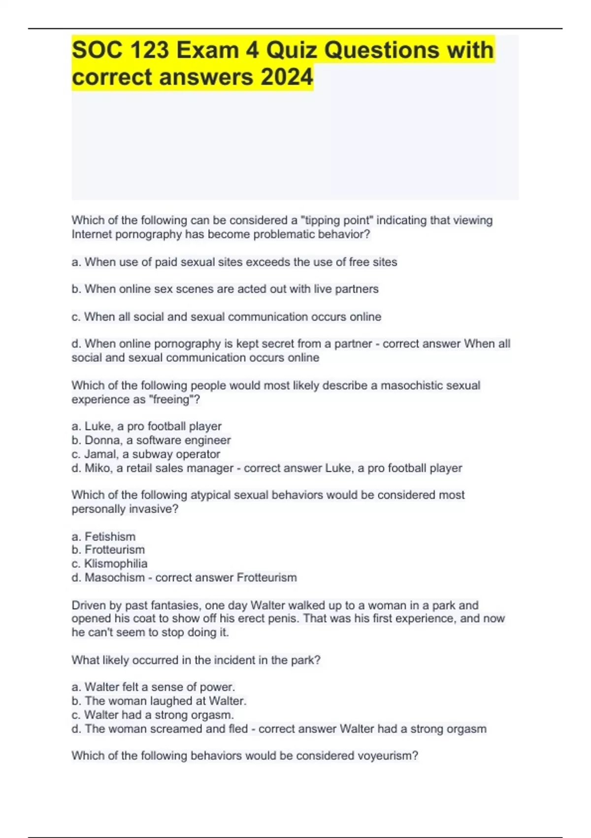 SOC 123 Exam 4 Quiz Questions with correct answers 2024 - Nud - Stuvia US