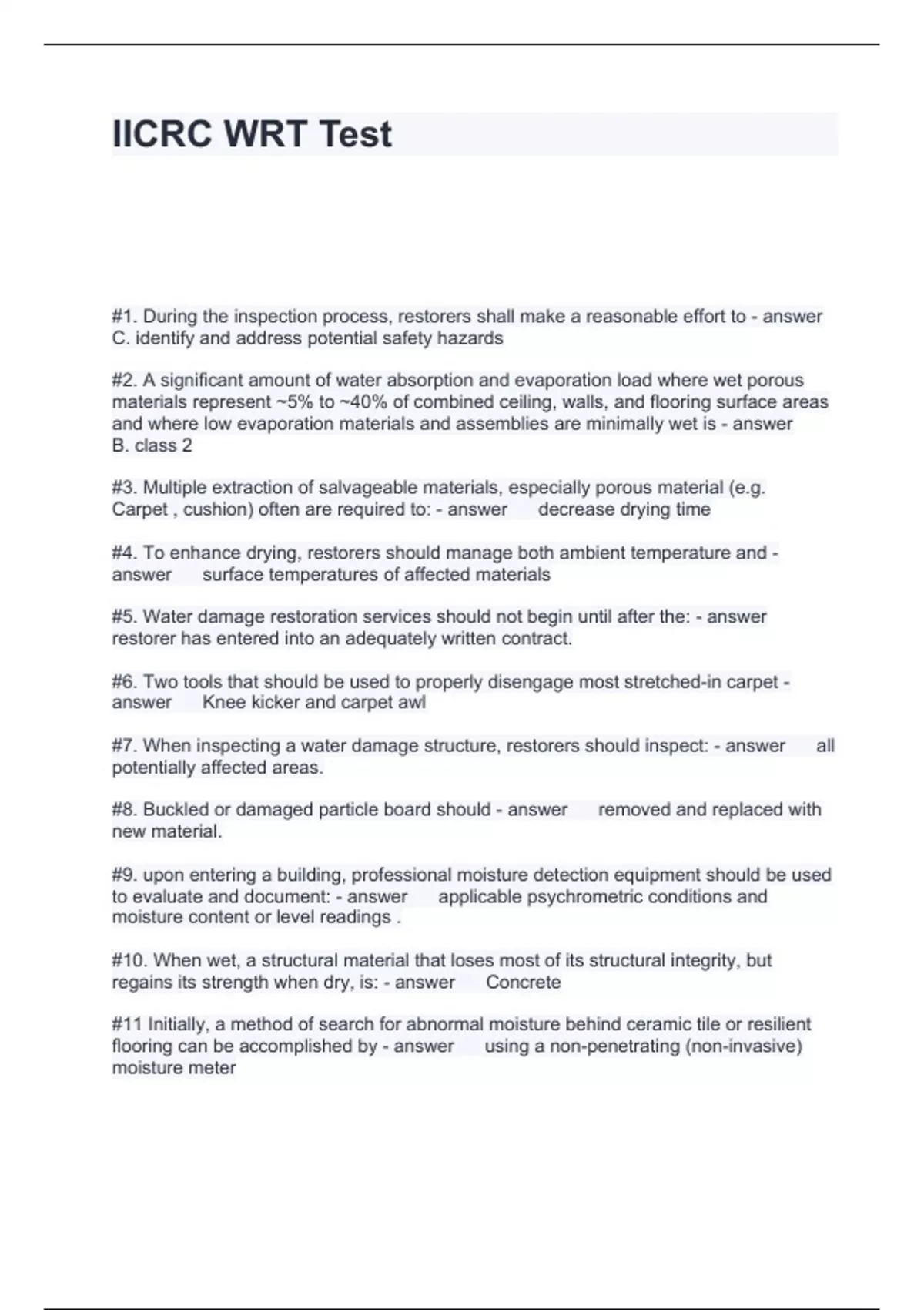 IICRC WRT Test Questions and Answers 100% correct - IICRC - Stuvia US