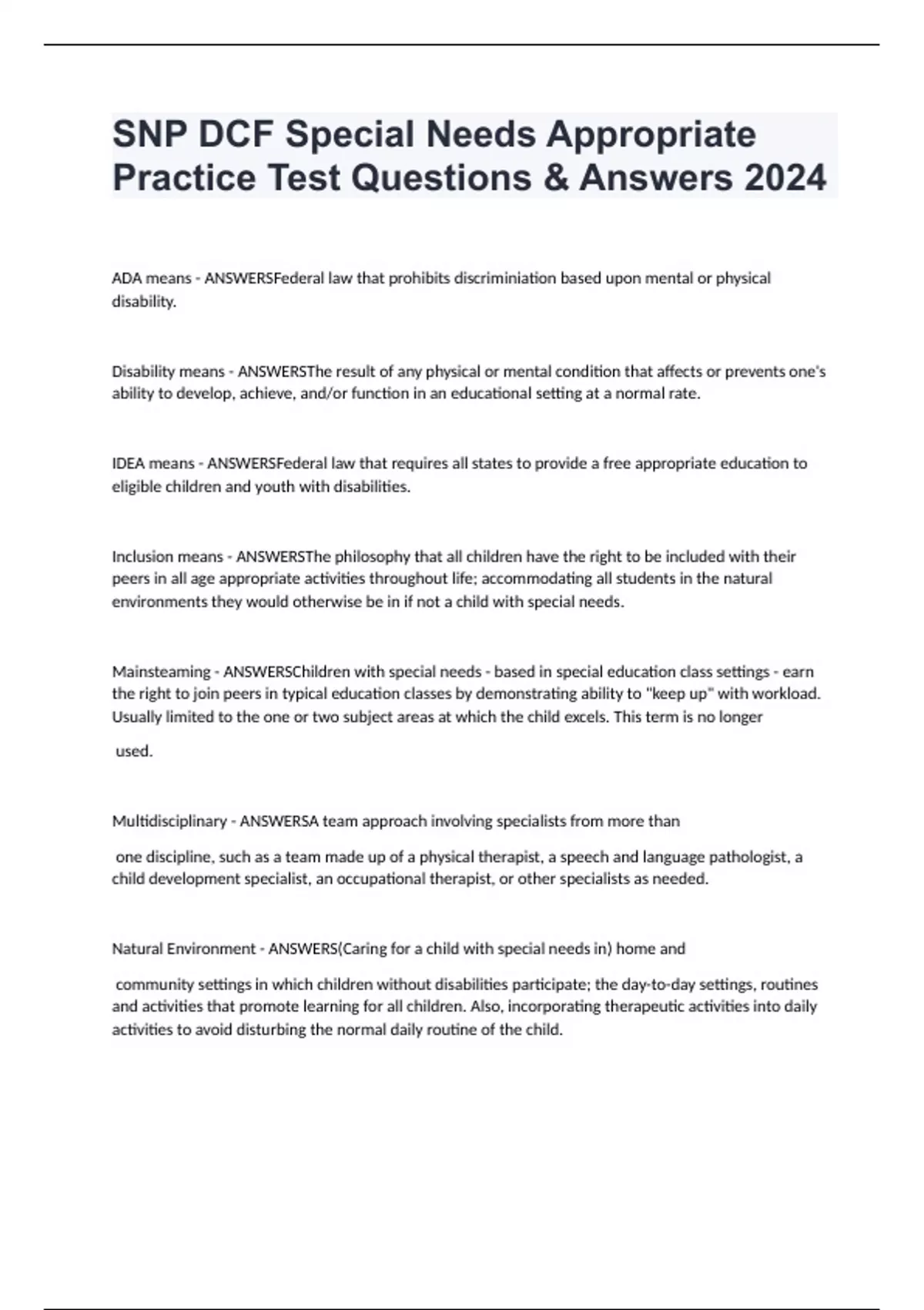 SNP DCF Special Needs Appropriate Practice Test Questions & Answers