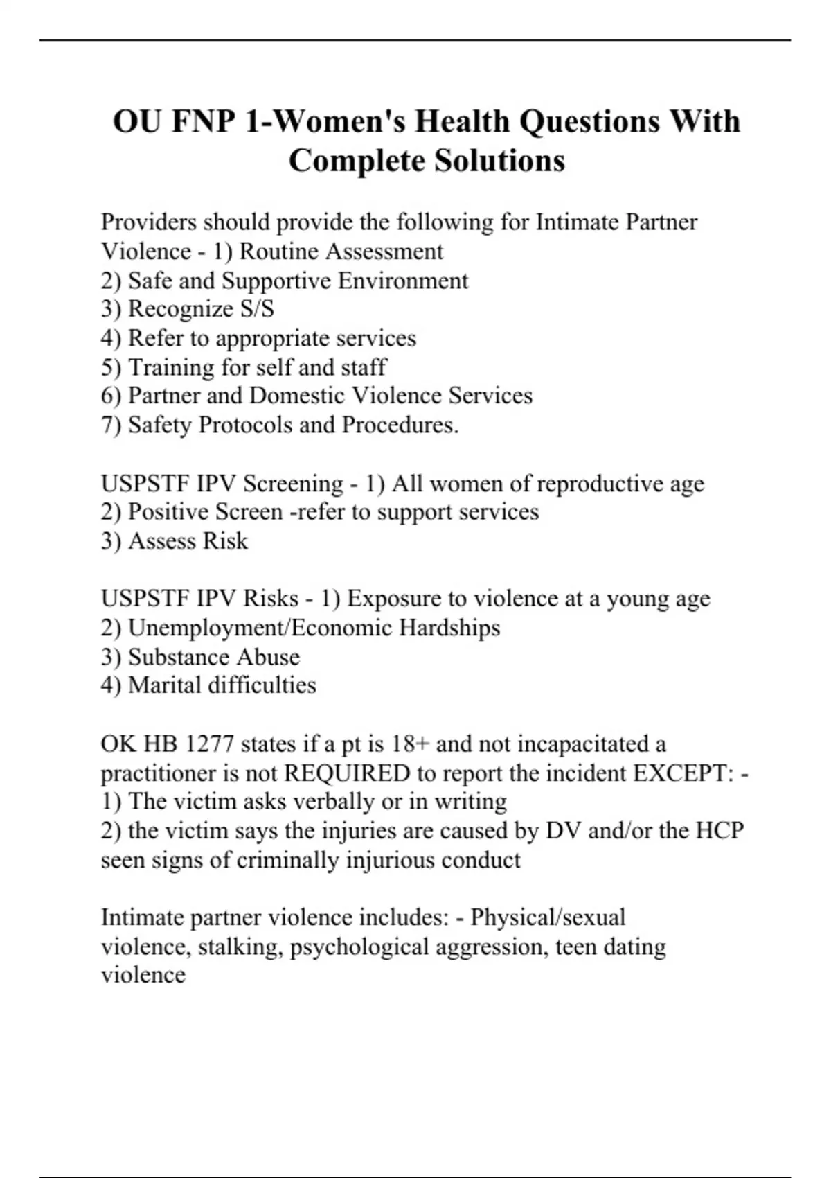 OU FNP 1Women's Health Questions With Complete Solutions MN 576