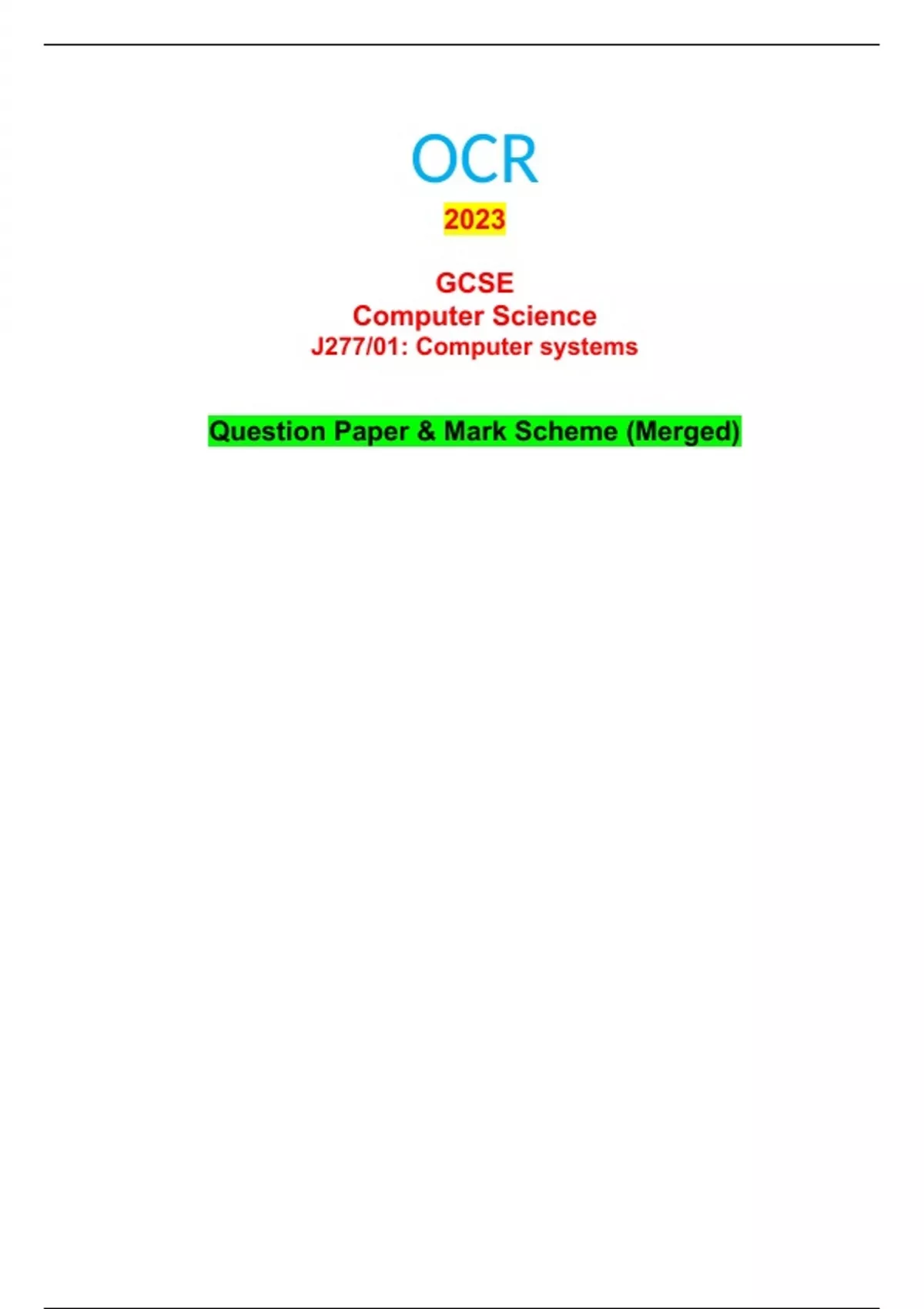 OCR 2023 GCSE Computer Science J277/01 Computer systems Question Paper