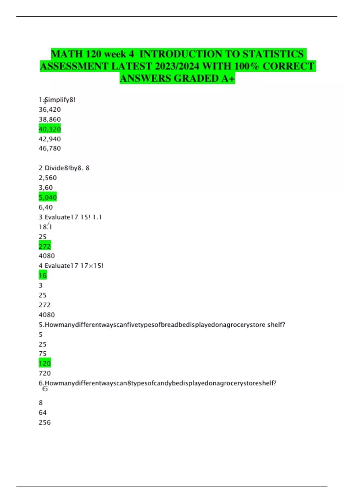 MATH 120 week 4 INTRODUCTION TO STATISTICS ASSESSMENT LATEST 2023/2024 ...
