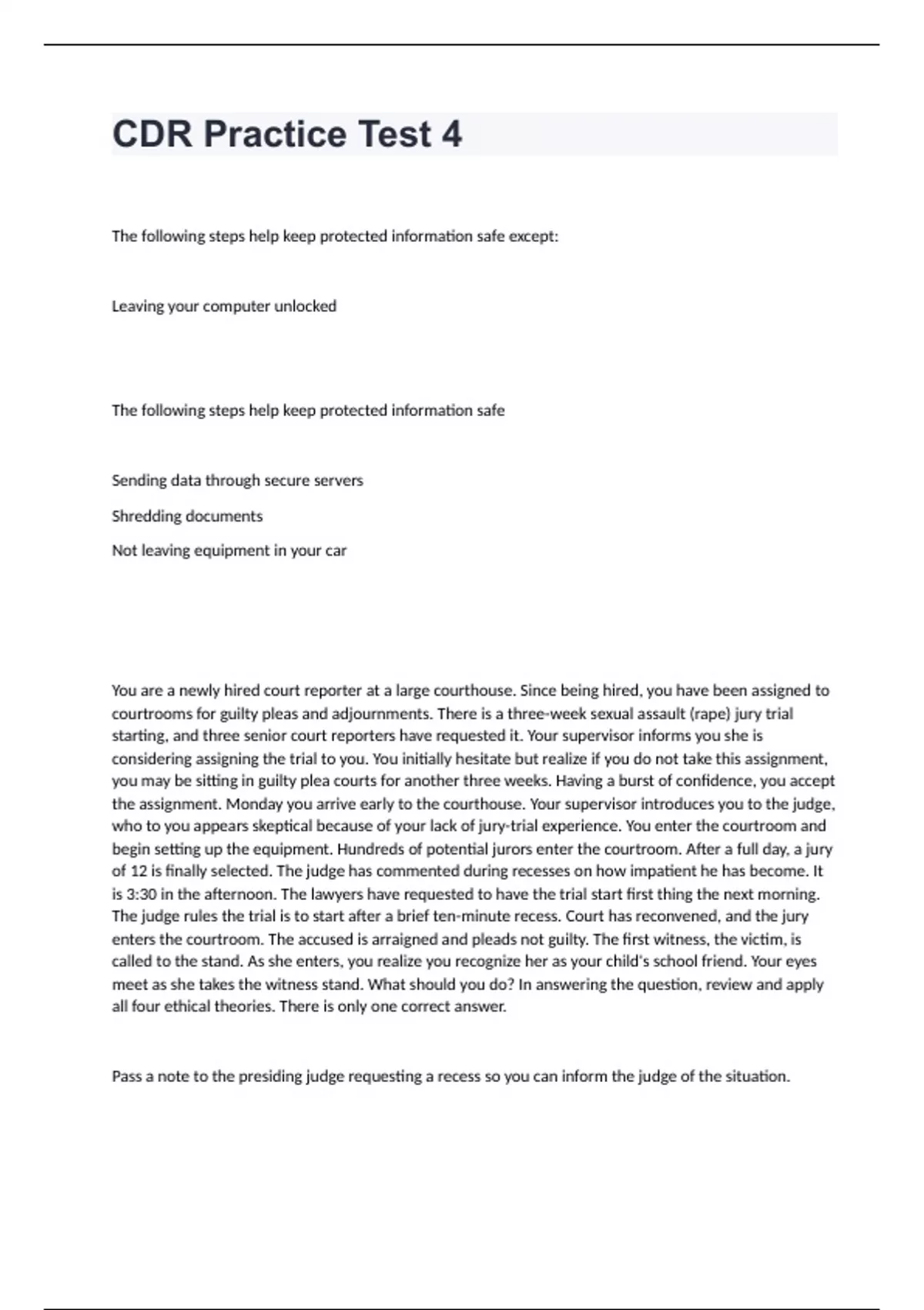 CDR Practice Test 4 Question and answer rated A+ 2024 - AAERT - Stuvia US