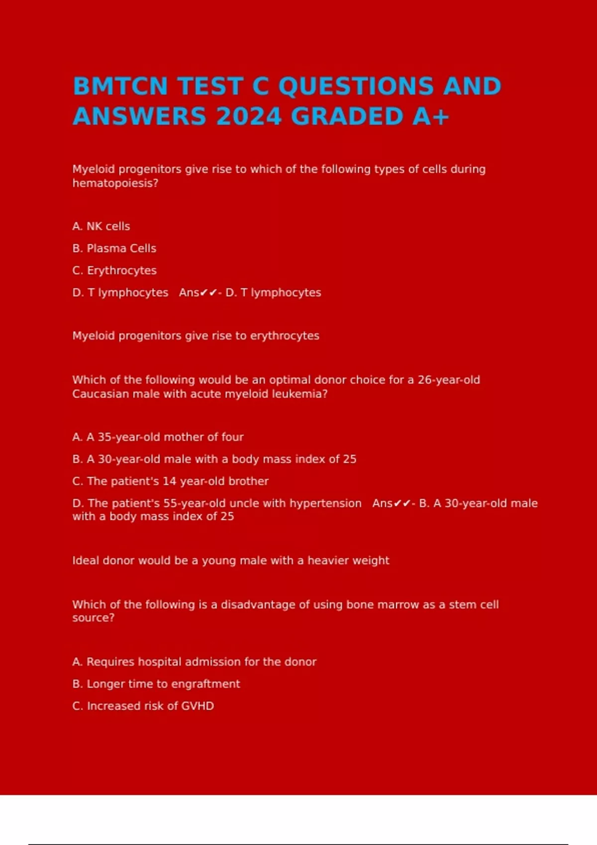 BMTCN TEST C QUESTIONS AND ANSWERS 2024 GRADED A+ BMTCN Stuvia US