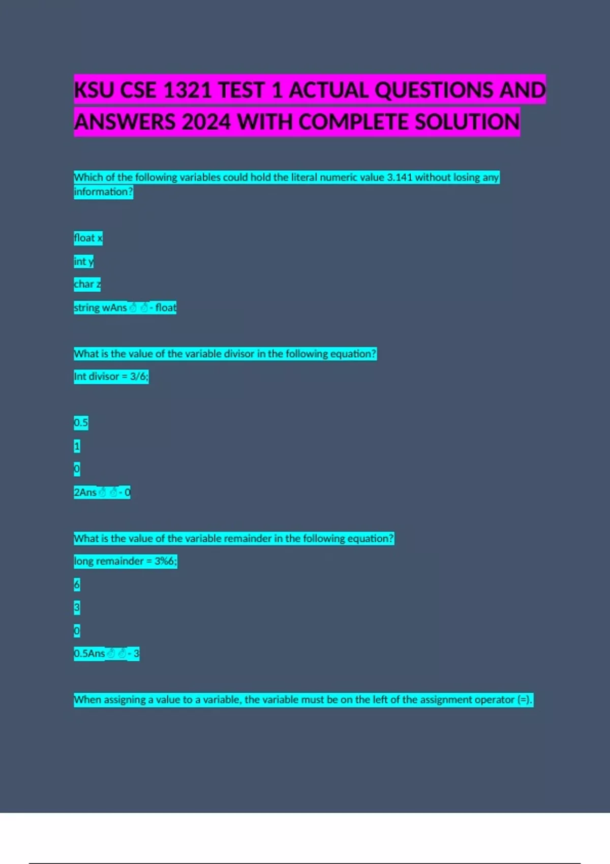 KSU CSE 1321 TEST 1 ACTUAL QUESTIONS AND ANSWERS 2024 WITH COMPLETE ...