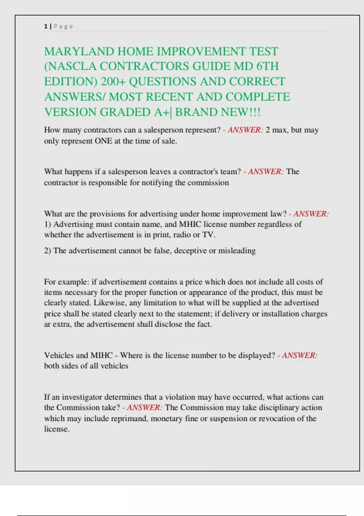 MARYLAND HOME IMPROVEMENT TEST (NASCLA CONTRACTORS GUIDE MD 6TH EDITION ...