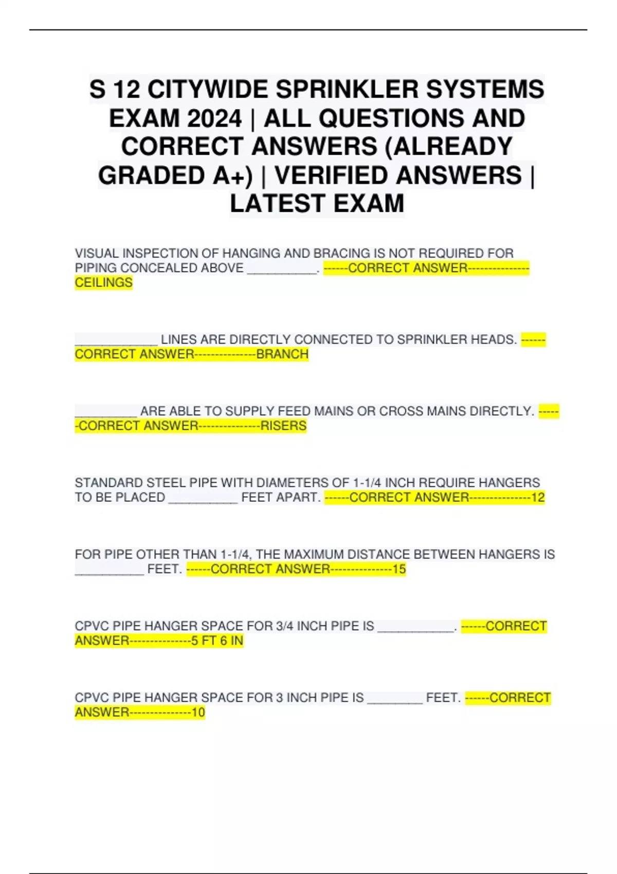 S 12 CITYWIDE SPRINKLER SYSTEMS EXAM 2024 ALL QUESTIONS AND CORRECT