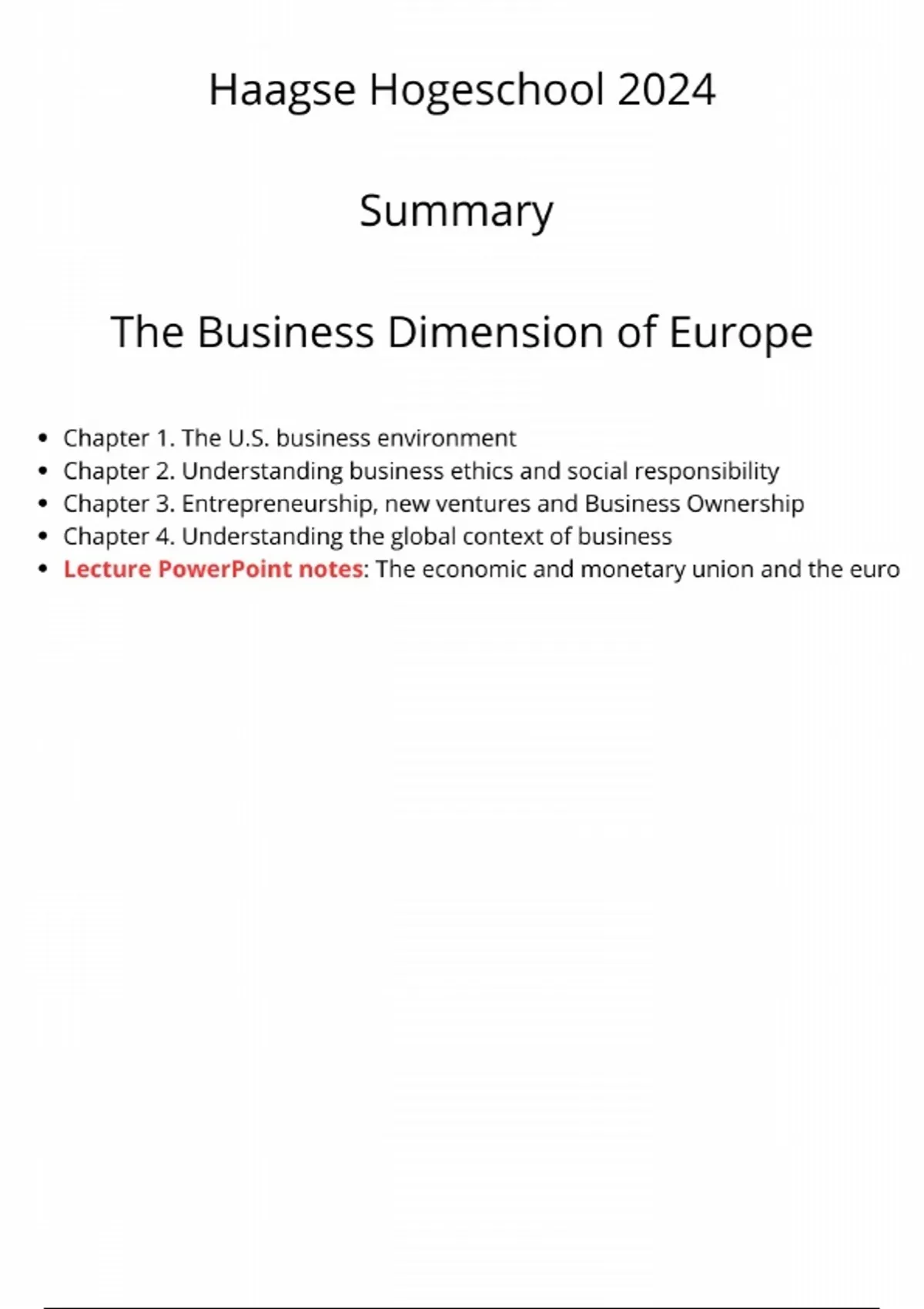Summary the business dimension of Europe, Haagse Hogeschool 2024 ...
