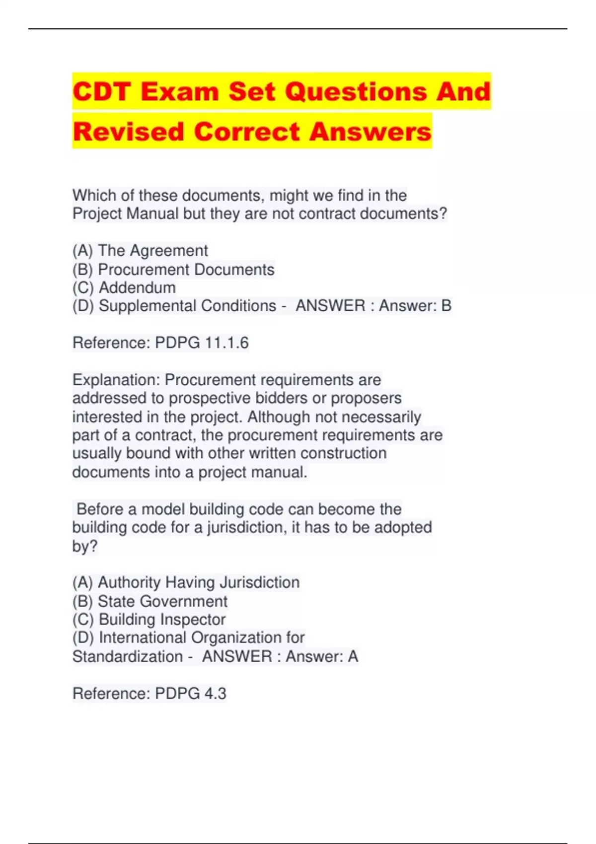 CDT Exam Set Questions And Revised Correct Answers CDT Stuvia US