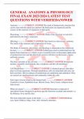 GENERAL ANATOMY & PHYSIOLOGY FINAL EXAM 2023&sol;2024 LATEST TEST QUESTIONS WITH VERIFIEDANSWER