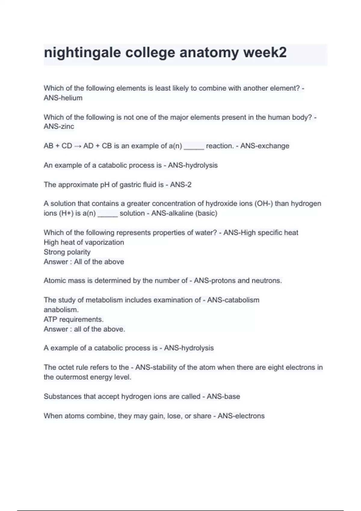 nightingale college anatomy week2 with complete solution Nightingale