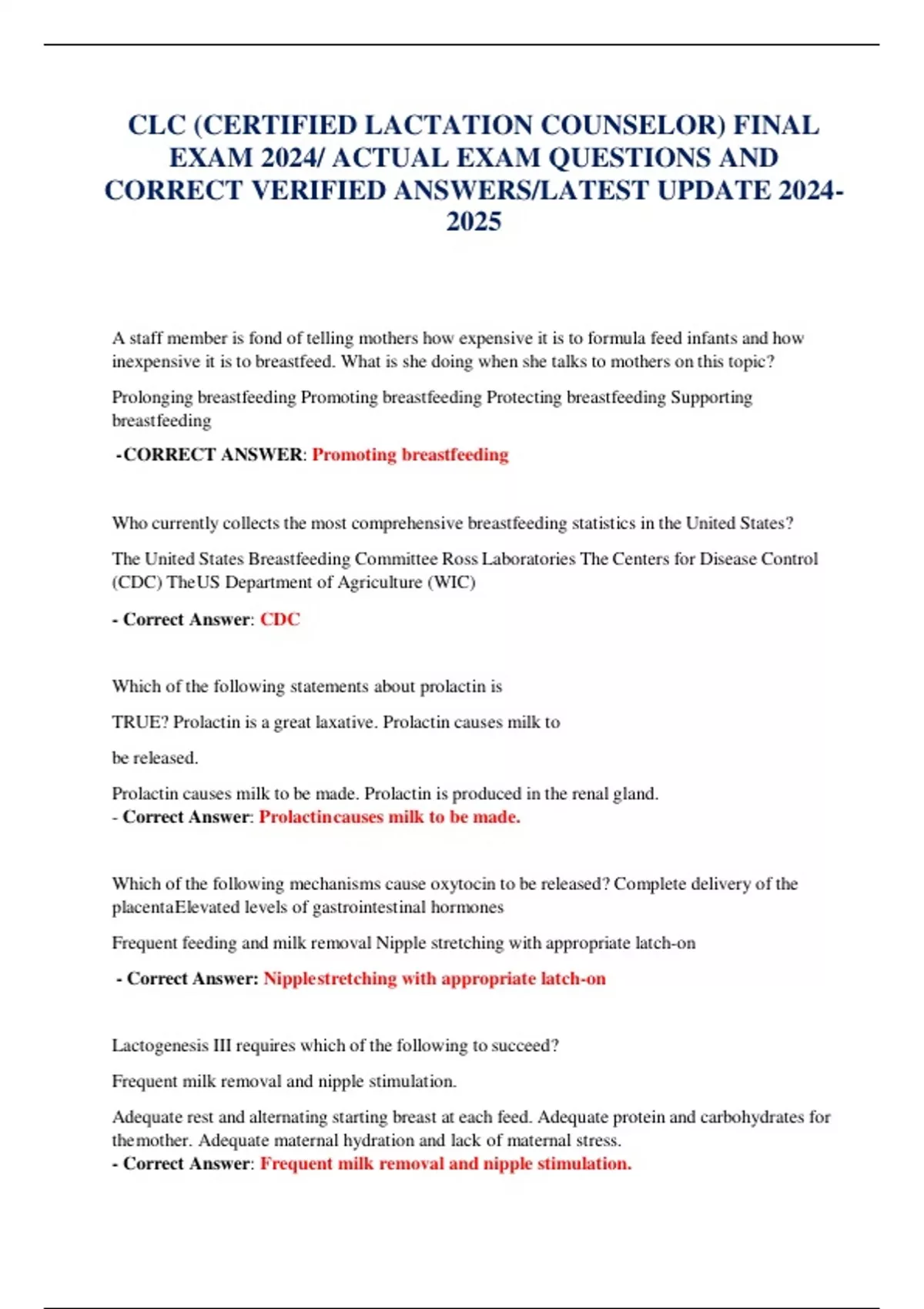 CLC (CERTIFIED LACTATION COUNSELOR) FINAL EXAM 2024/ ACTUAL EXAM ...