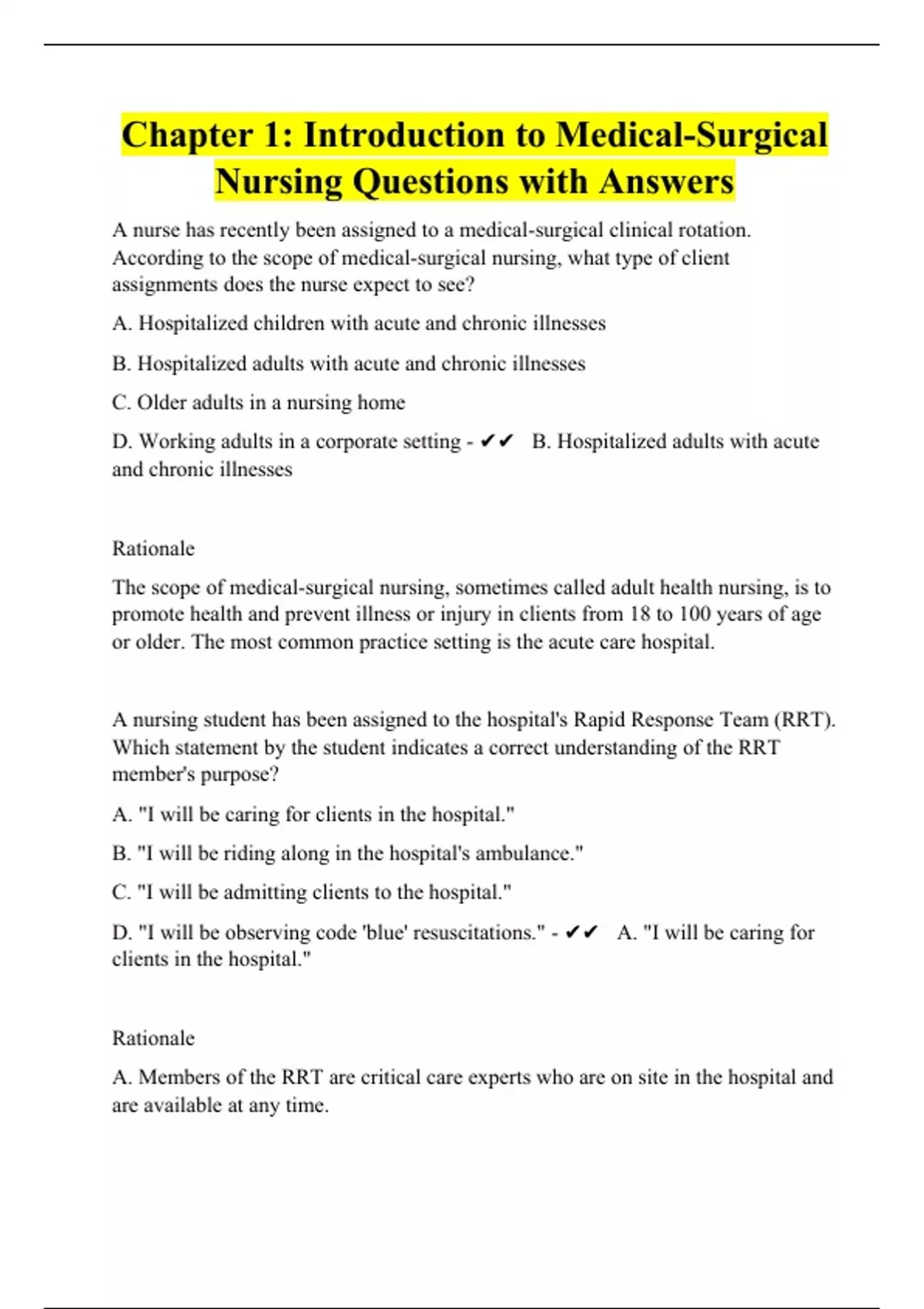Chapter 1 Introduction to MedicalSurgical Nursing Questions with